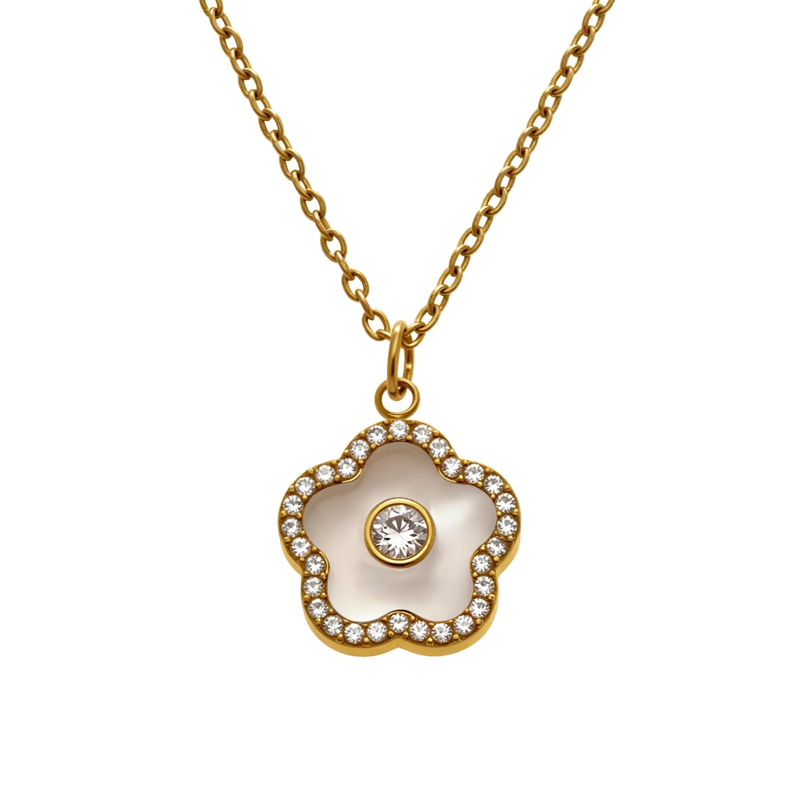 Collier pendentif fleur pour femme, avec zircon et agate, en acier inoxydable