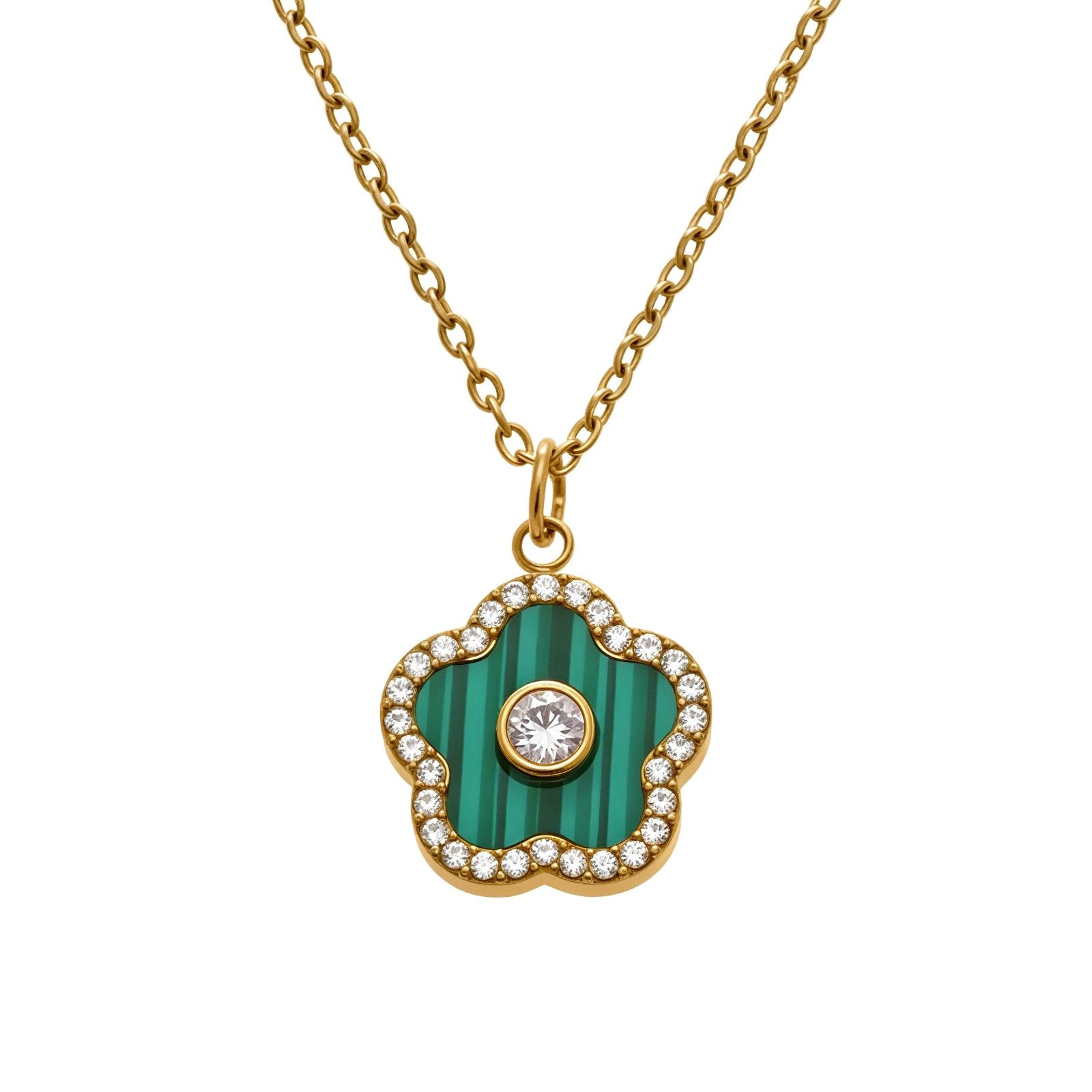 Collier pendentif fleur pour femme, avec zircon et agate, en acier inoxydable