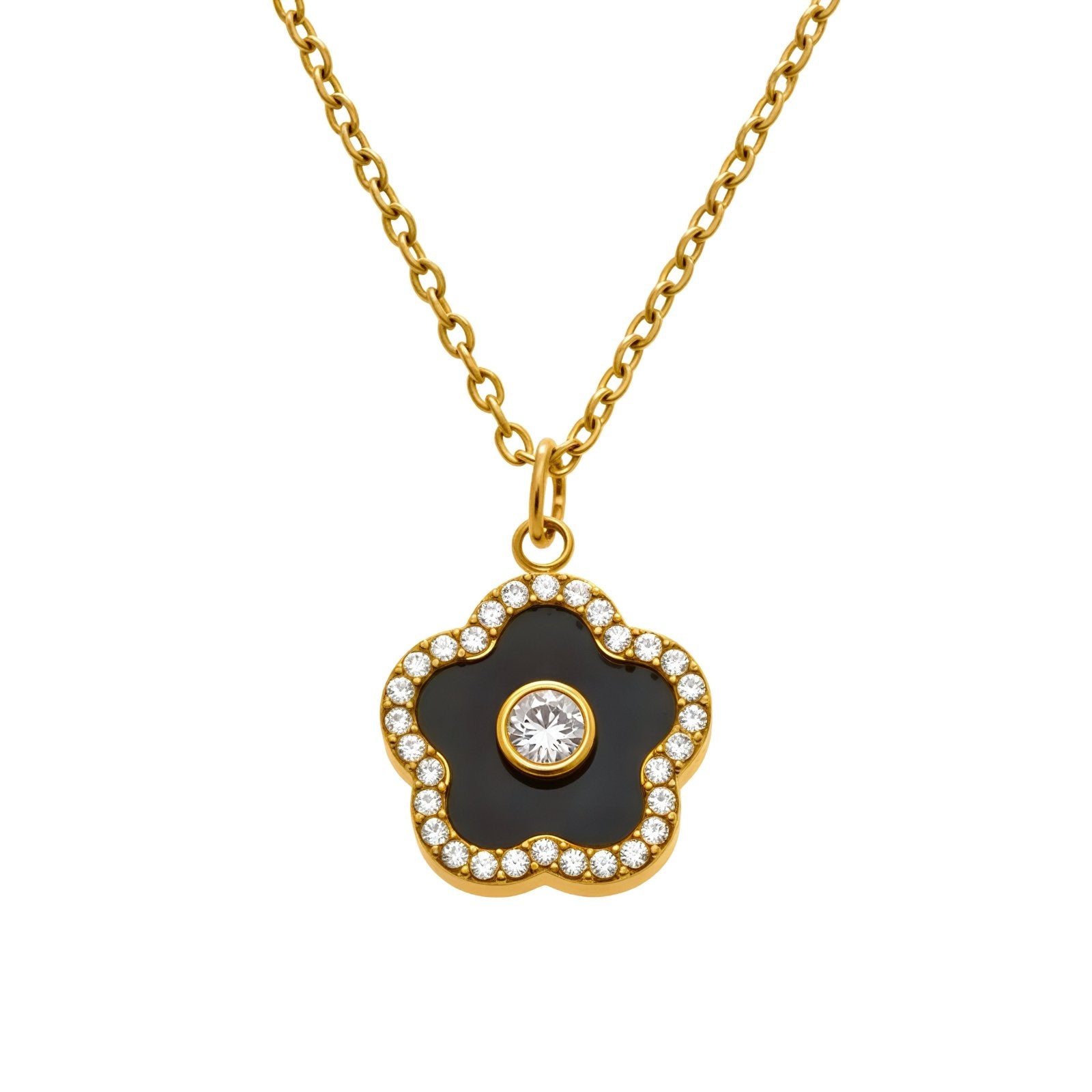 Collier pendentif fleur pour femme, avec zircon et agate, en acier inoxydable