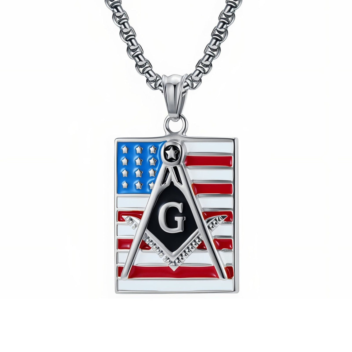 Collier pendentif franc-maçon pour homme, en acier inoxydable, équerre et compas avec lettre G sur drapeau américain