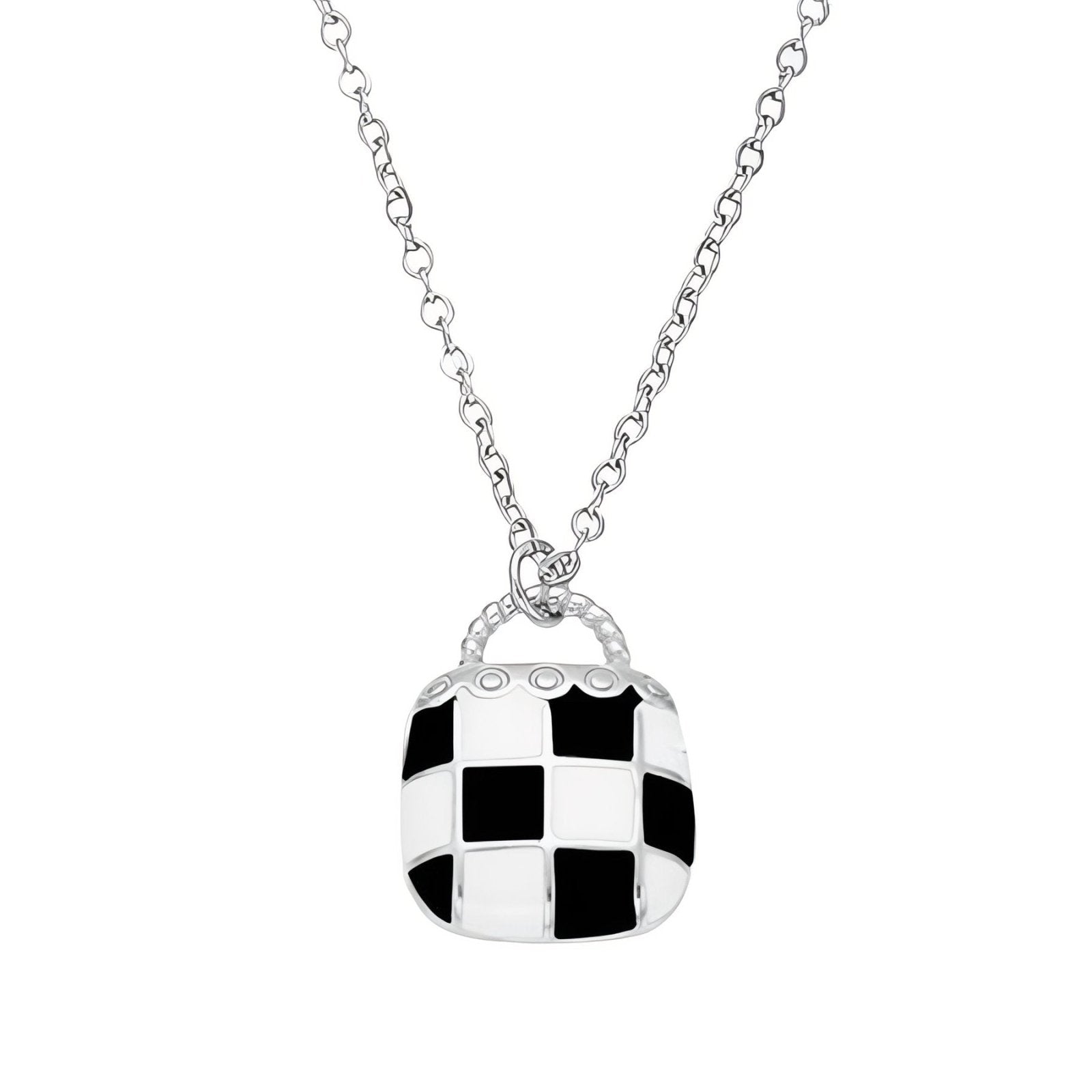 Collier pendentif géométrique émaillé, motif damier noir et blanc, chaine fine, en acier inoxydable