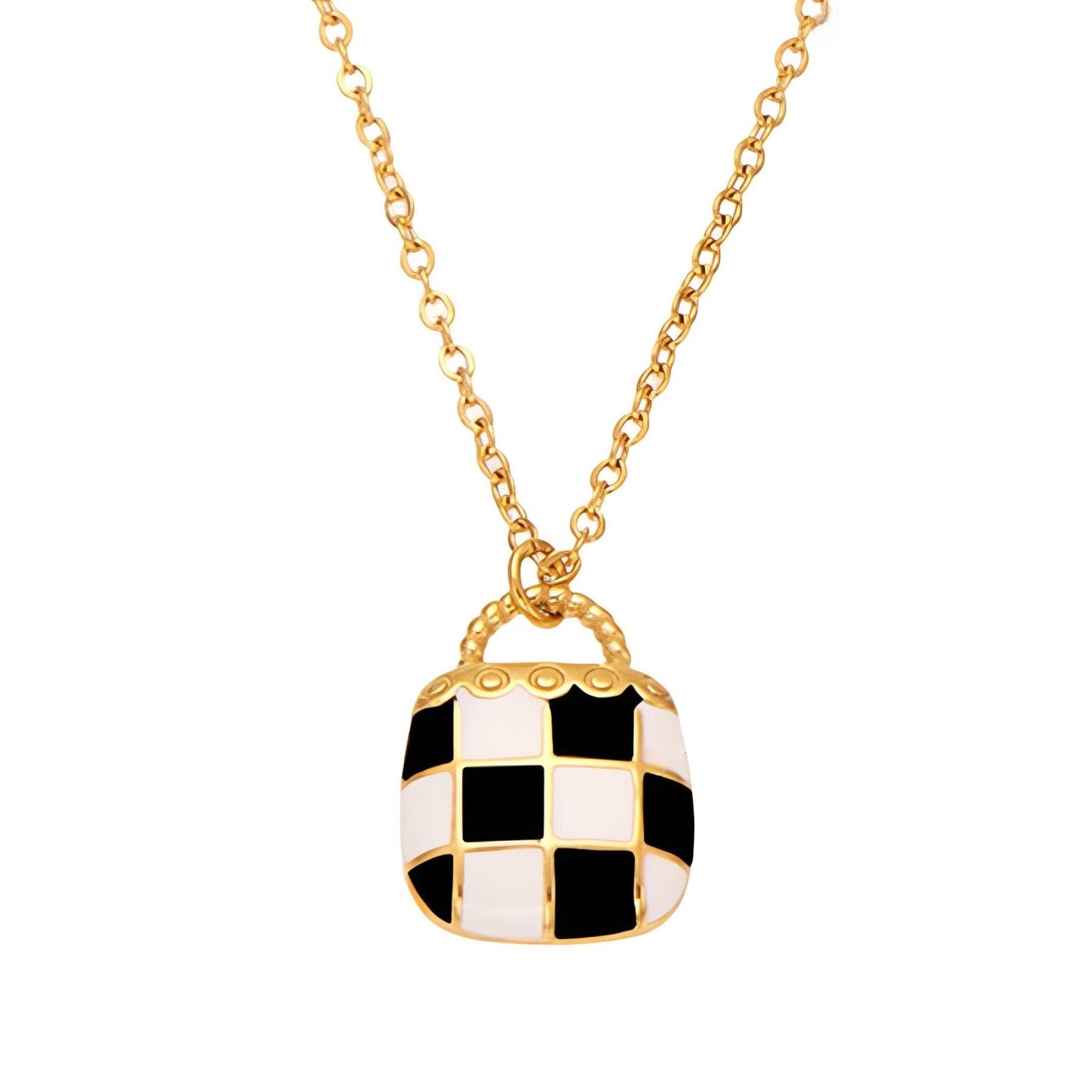 Collier pendentif géométrique émaillé, motif damier noir et blanc, chaine fine, en acier inoxydable