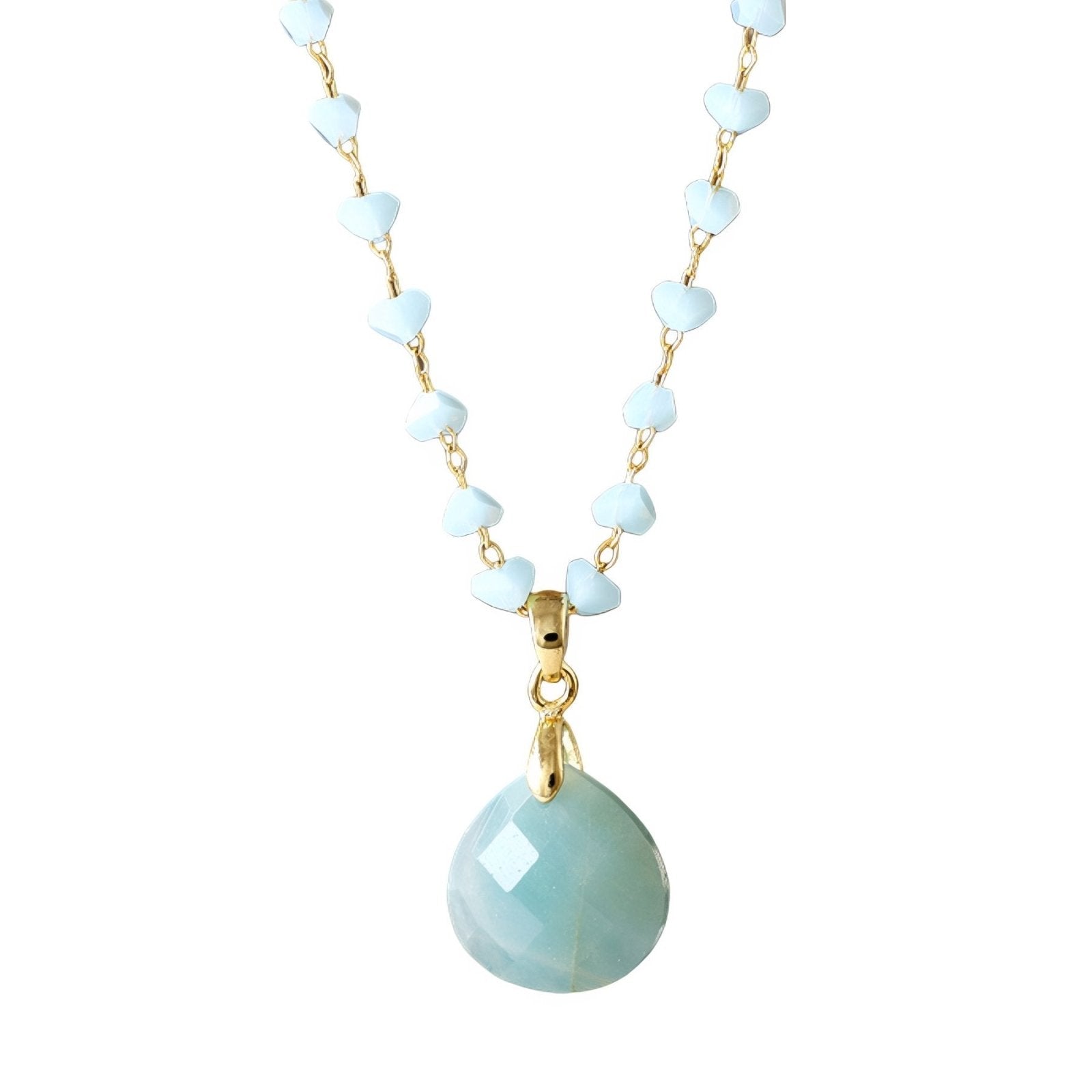 Collier pendentif goutte en pierre naturelle Amazonite, maille fine dorée et perles bleues, style bohème