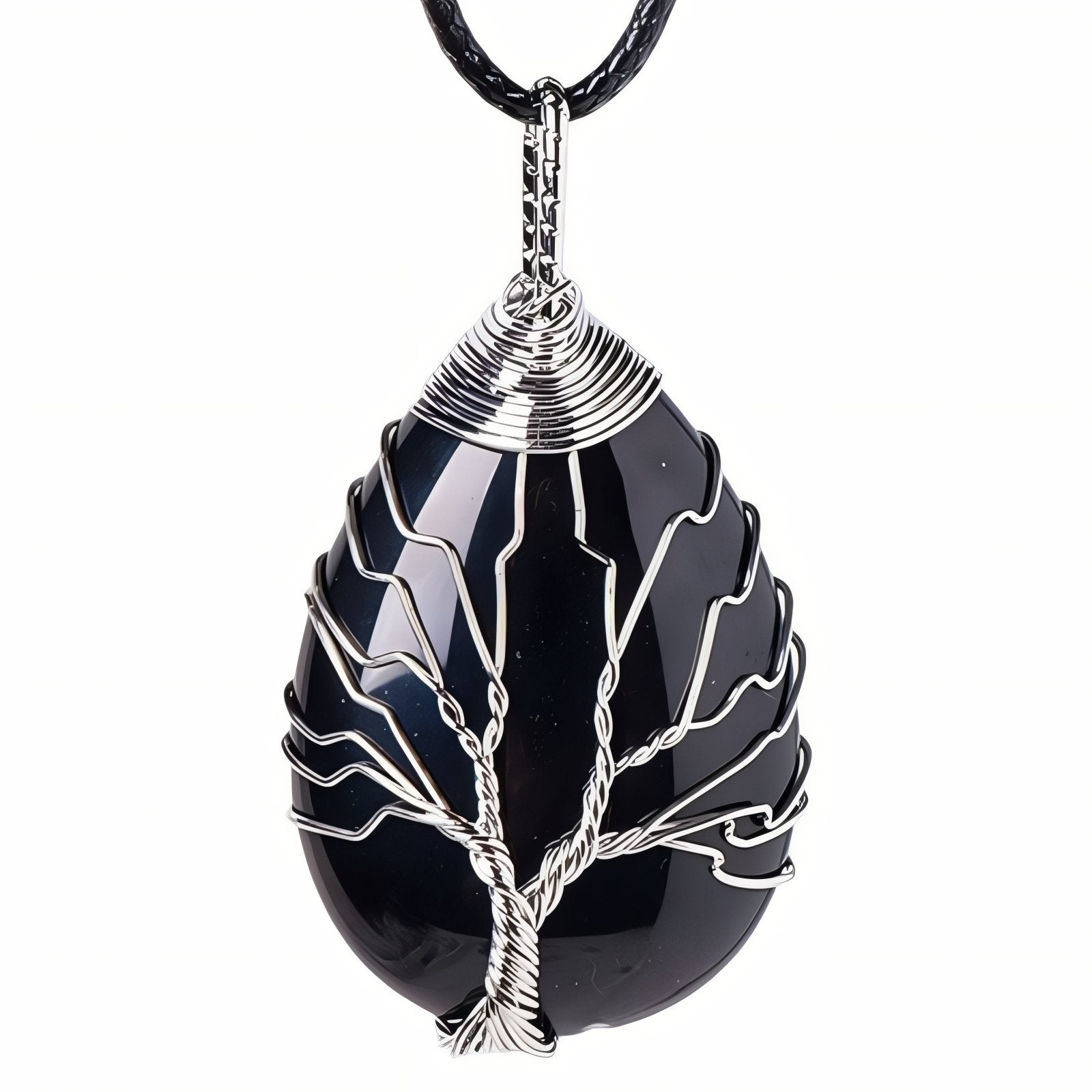Collier pendentif goutte en pierre naturelle, orné d'un arbre de vie, avec cordon noir