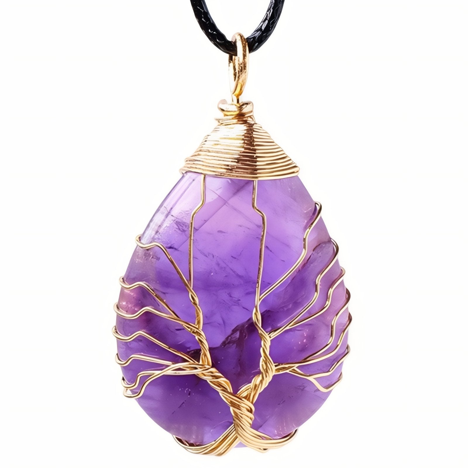 Collier pendentif goutte en pierre naturelle, orné d'un arbre de vie, avec cordon noir