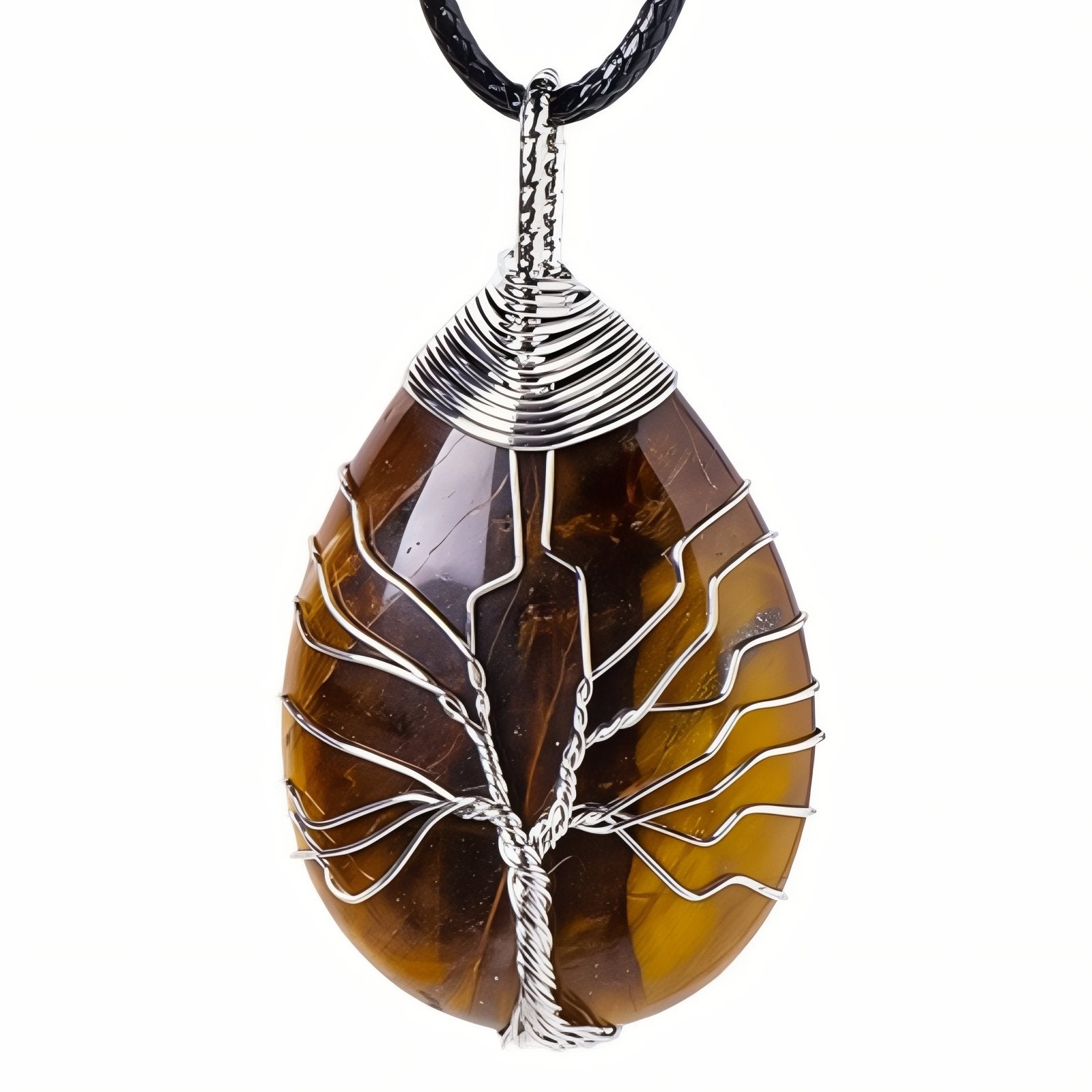 Collier pendentif goutte en pierre naturelle, orné d'un arbre de vie, avec cordon noir