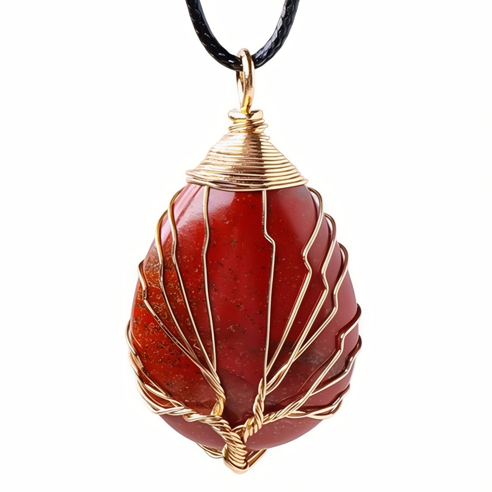 Collier pendentif goutte en pierre naturelle, orné d'un arbre de vie, avec cordon noir
