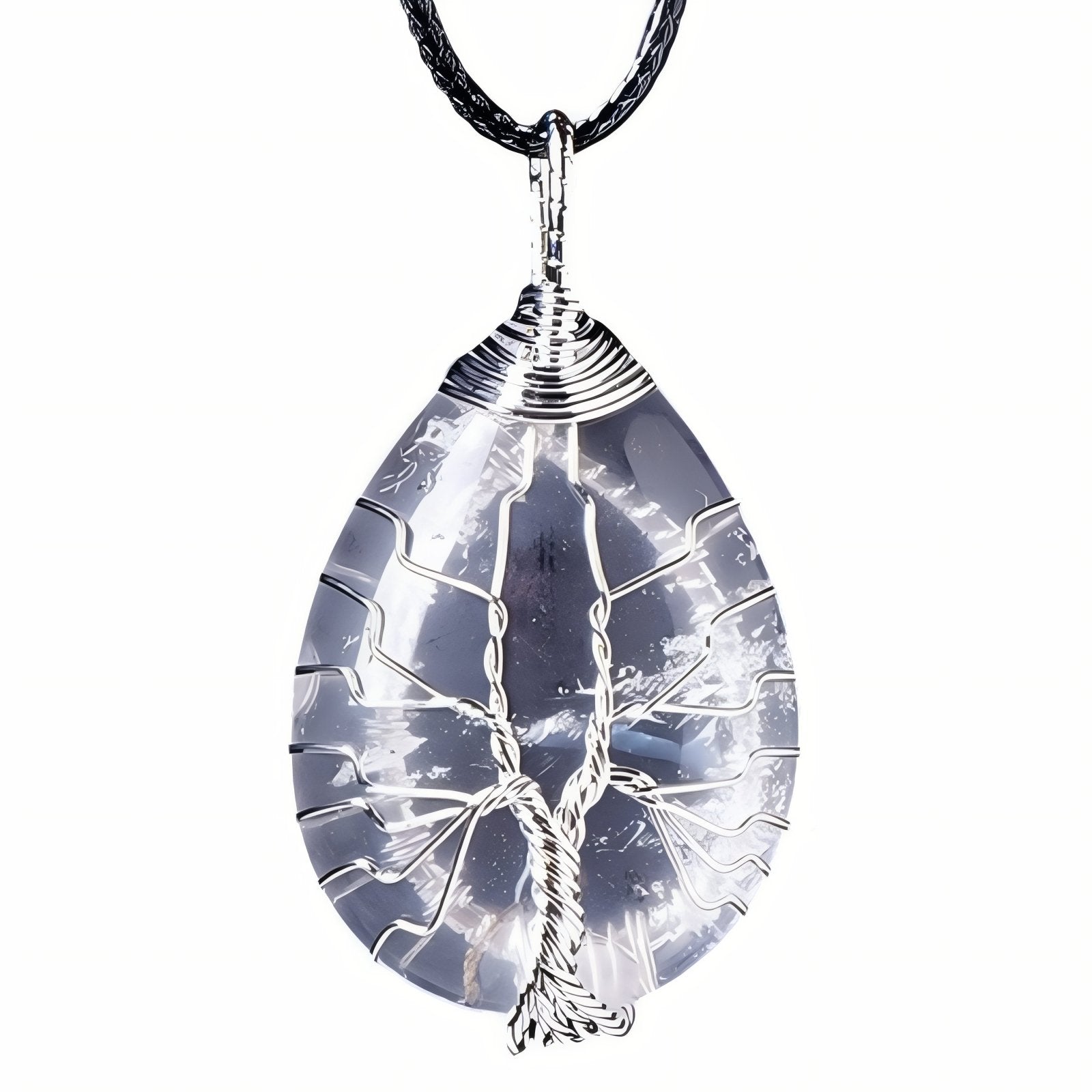 Collier pendentif goutte en pierre naturelle, orné d'un arbre de vie, avec cordon noir