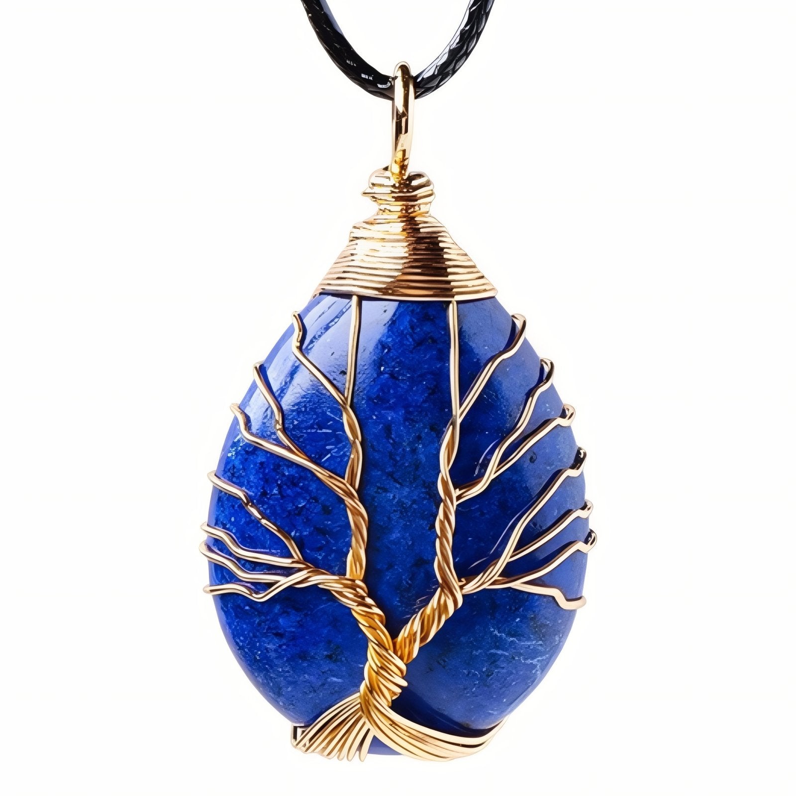 Collier pendentif goutte en pierre naturelle, orné d'un arbre de vie, avec cordon noir