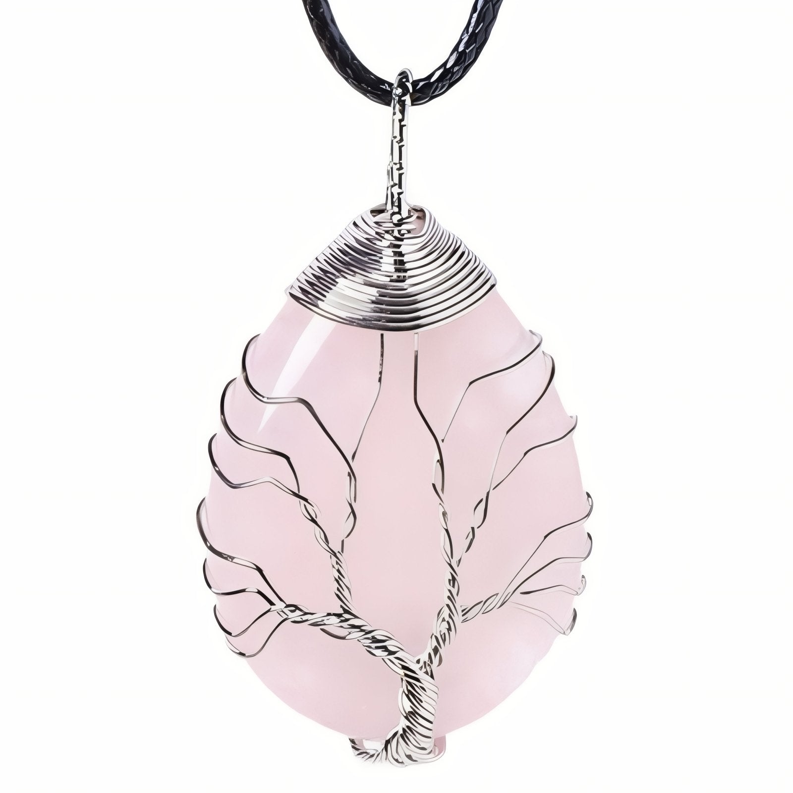Collier pendentif goutte en pierre naturelle, orné d'un arbre de vie, avec cordon noir