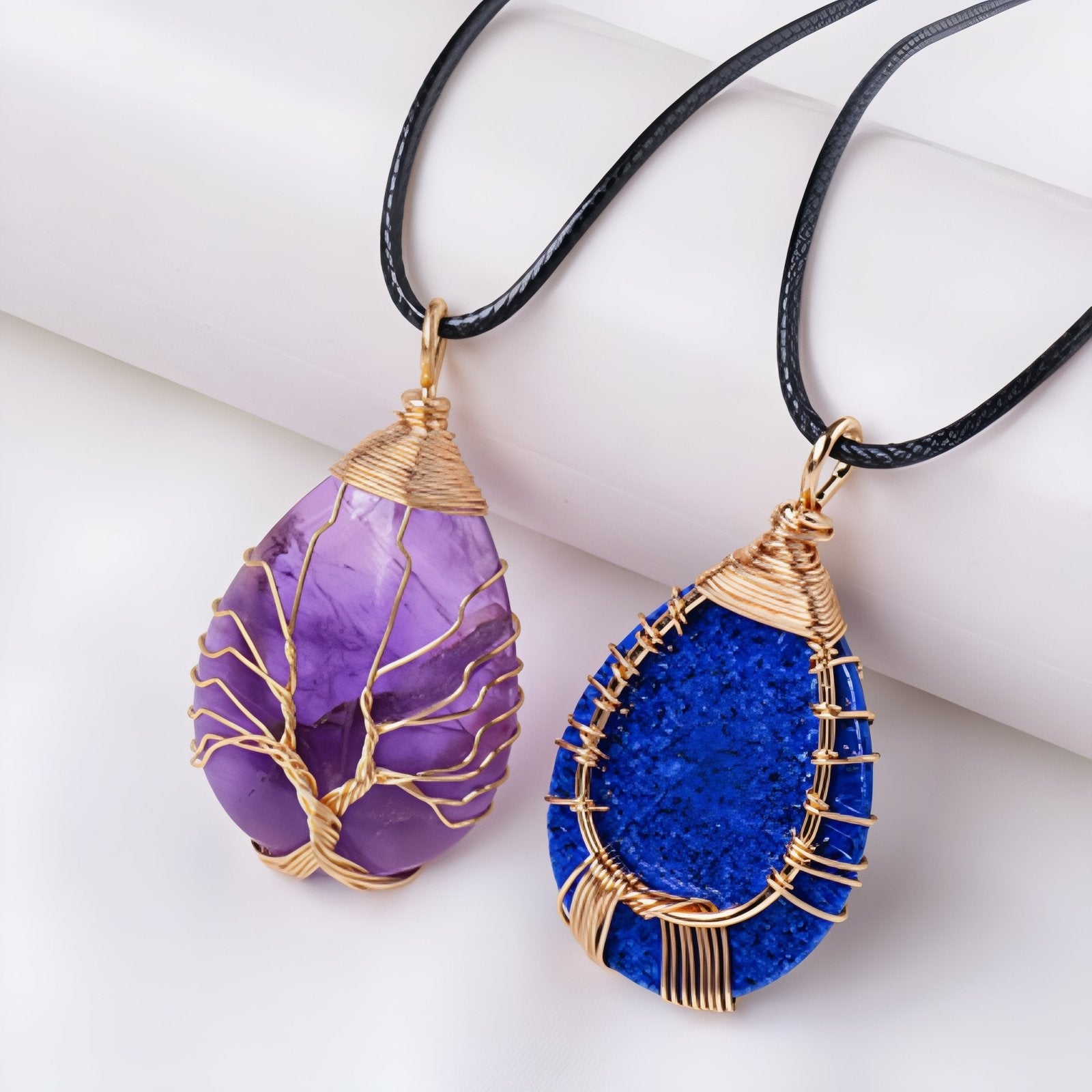 Collier pendentif goutte en pierre naturelle, orné d'un arbre de vie, avec cordon noir