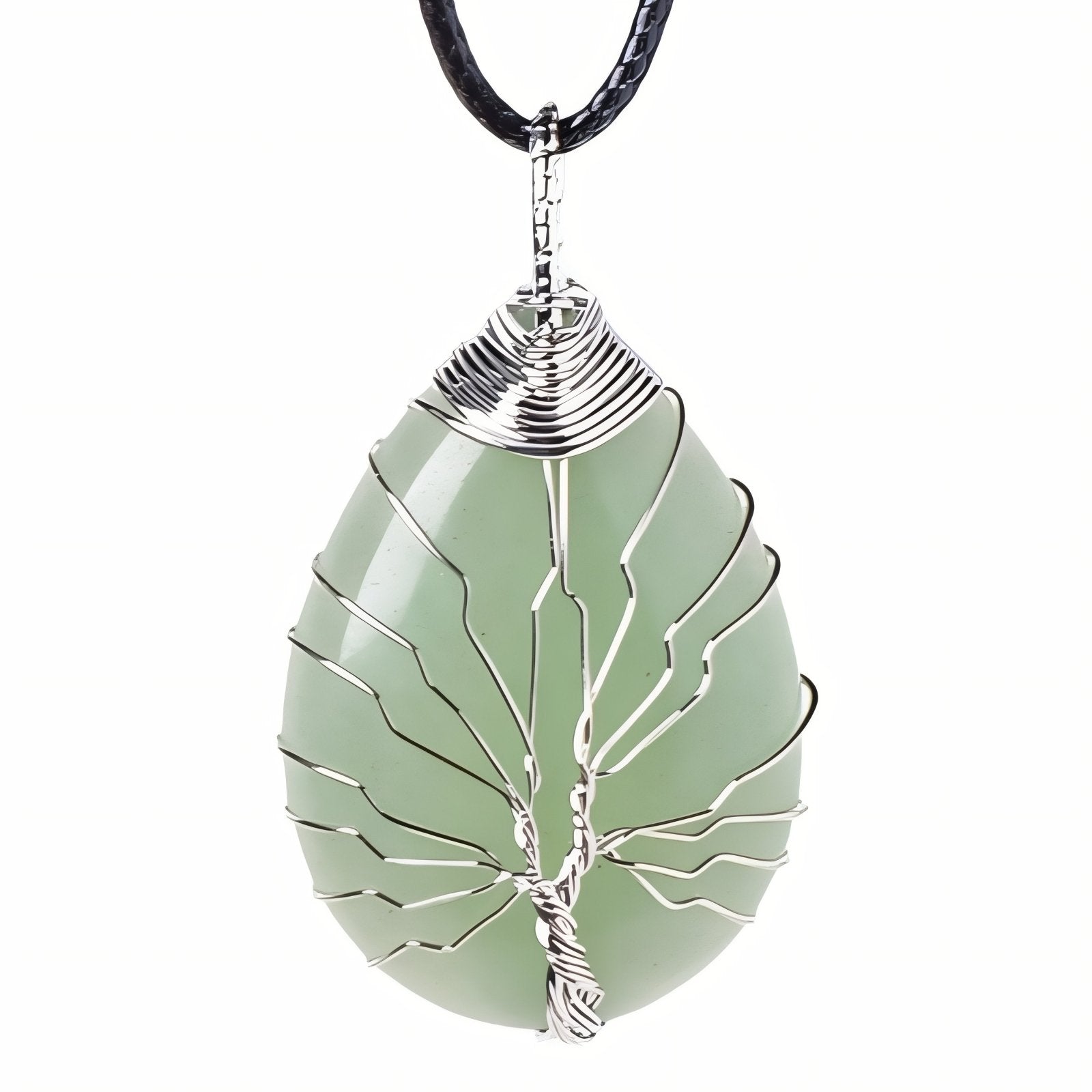 Collier pendentif goutte en pierre naturelle, orné d'un arbre de vie, avec cordon noir