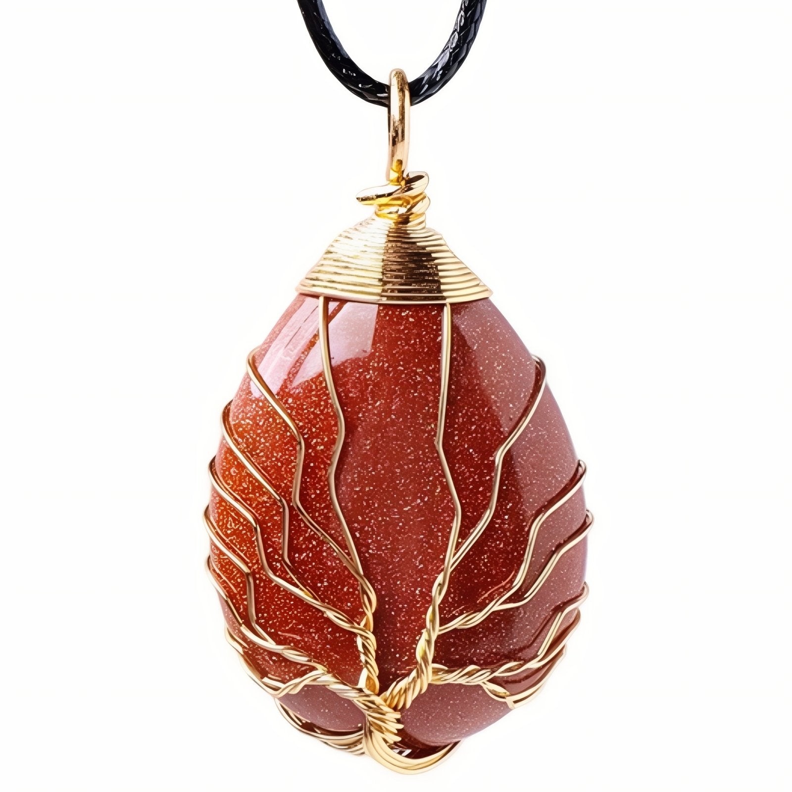 Collier pendentif goutte en pierre naturelle, orné d'un arbre de vie, avec cordon noir