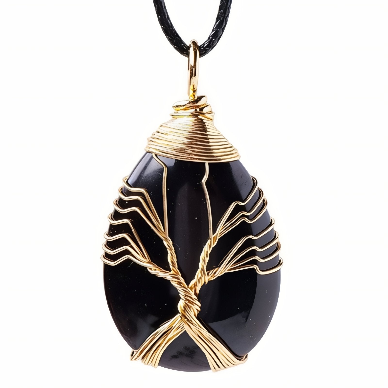 Collier pendentif goutte en pierre naturelle, orné d'un arbre de vie, avec cordon noir