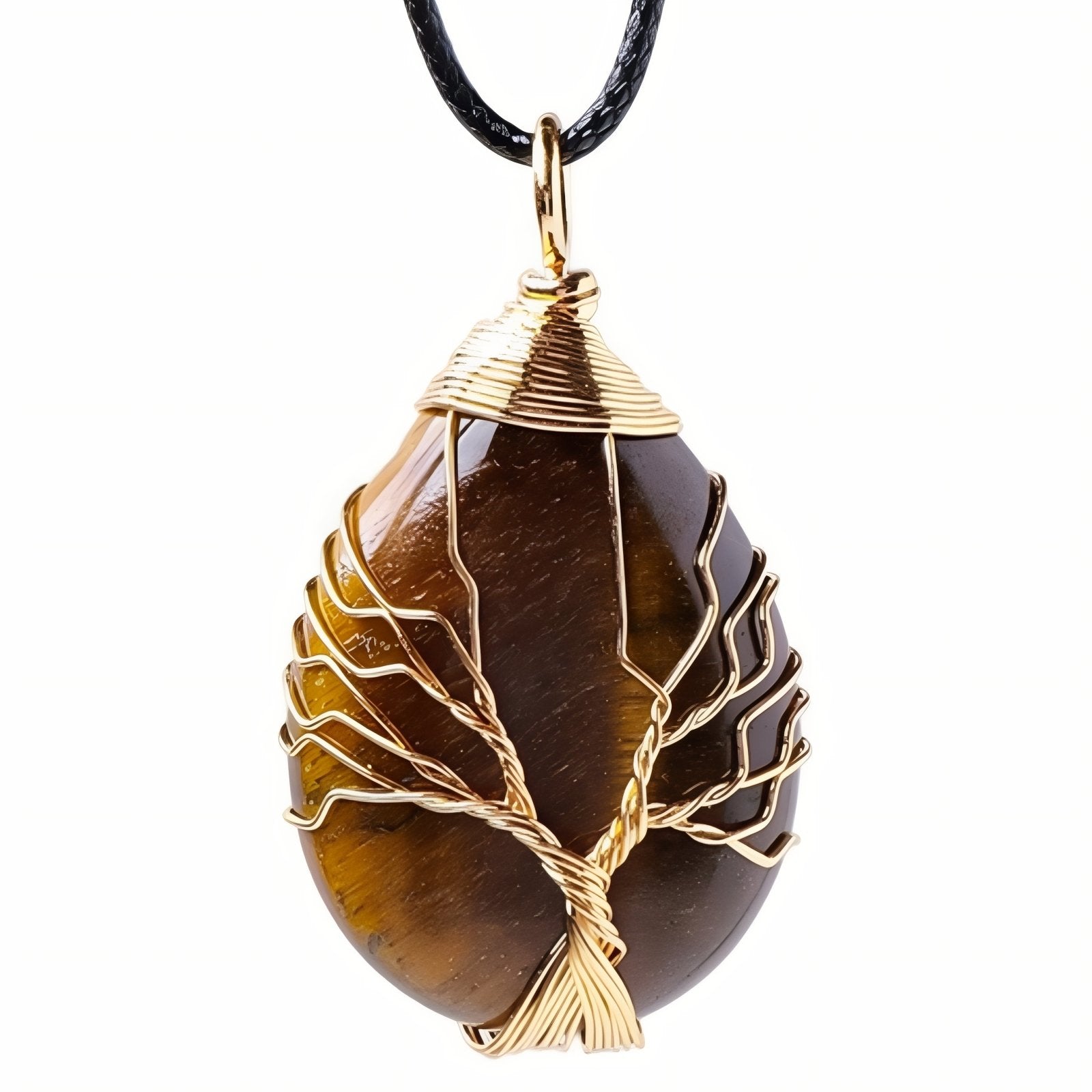 Collier pendentif goutte en pierre naturelle, orné d'un arbre de vie, avec cordon noir