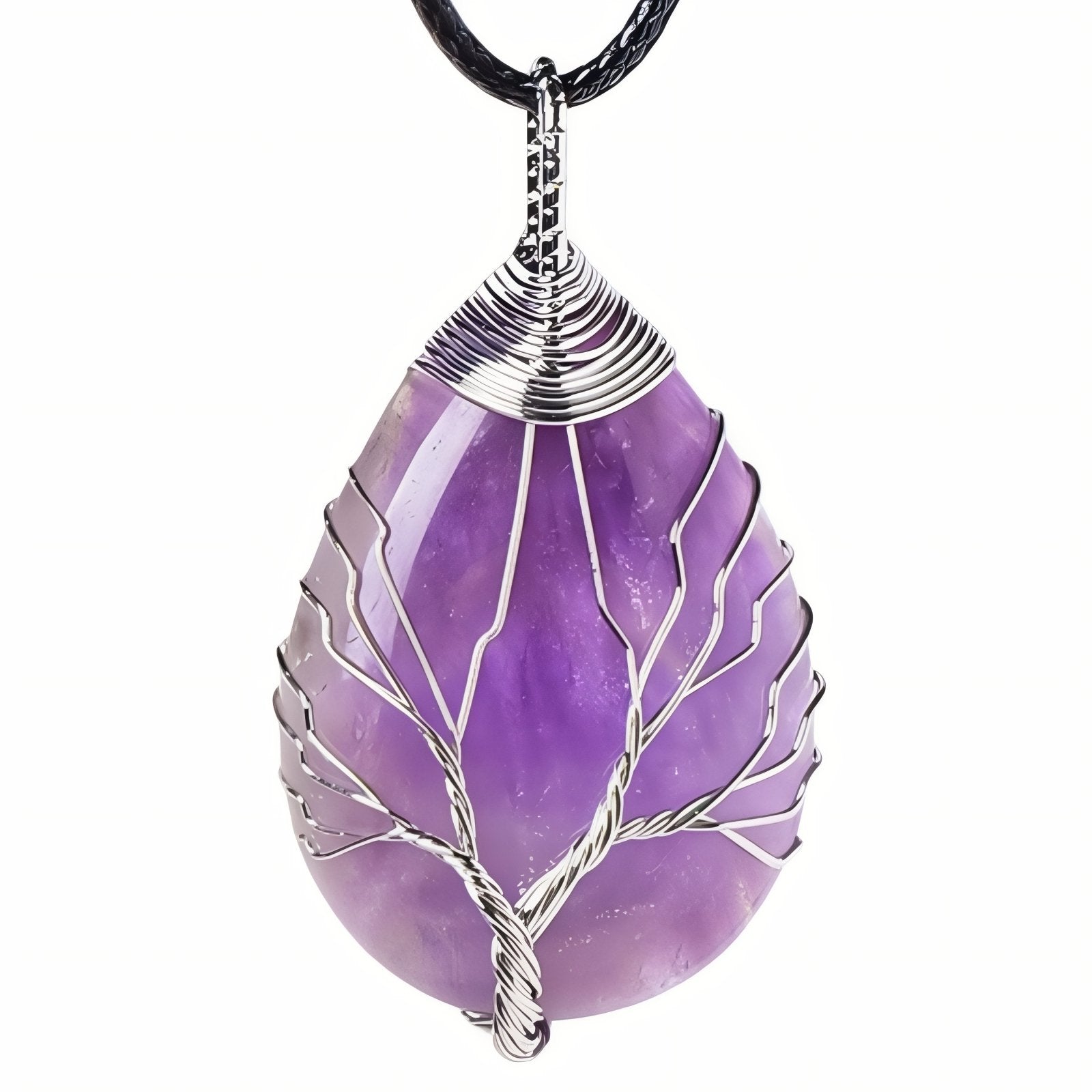 Collier pendentif goutte en pierre naturelle, orné d'un arbre de vie, avec cordon noir