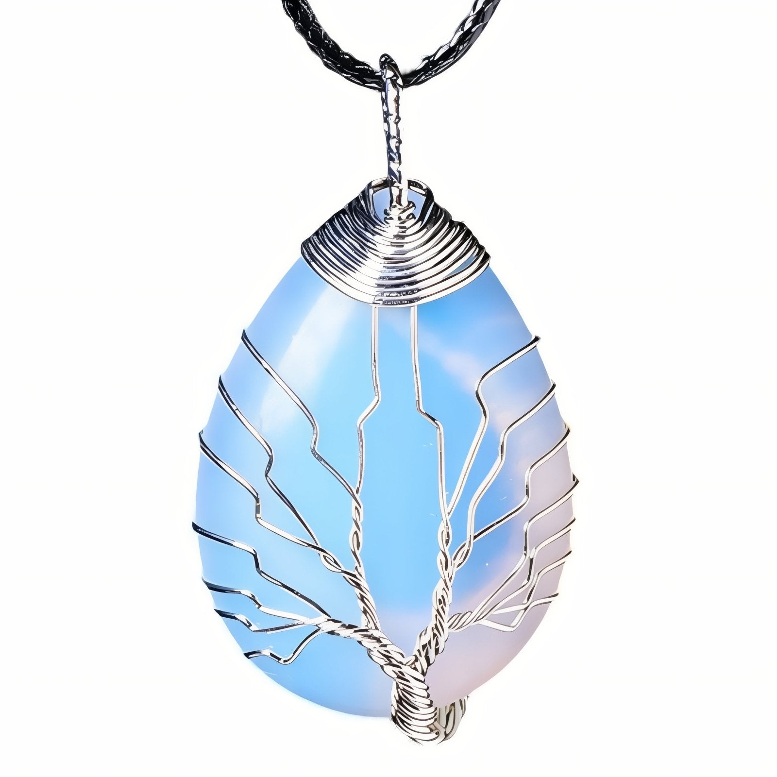 Collier pendentif goutte en pierre naturelle, orné d'un arbre de vie, avec cordon noir