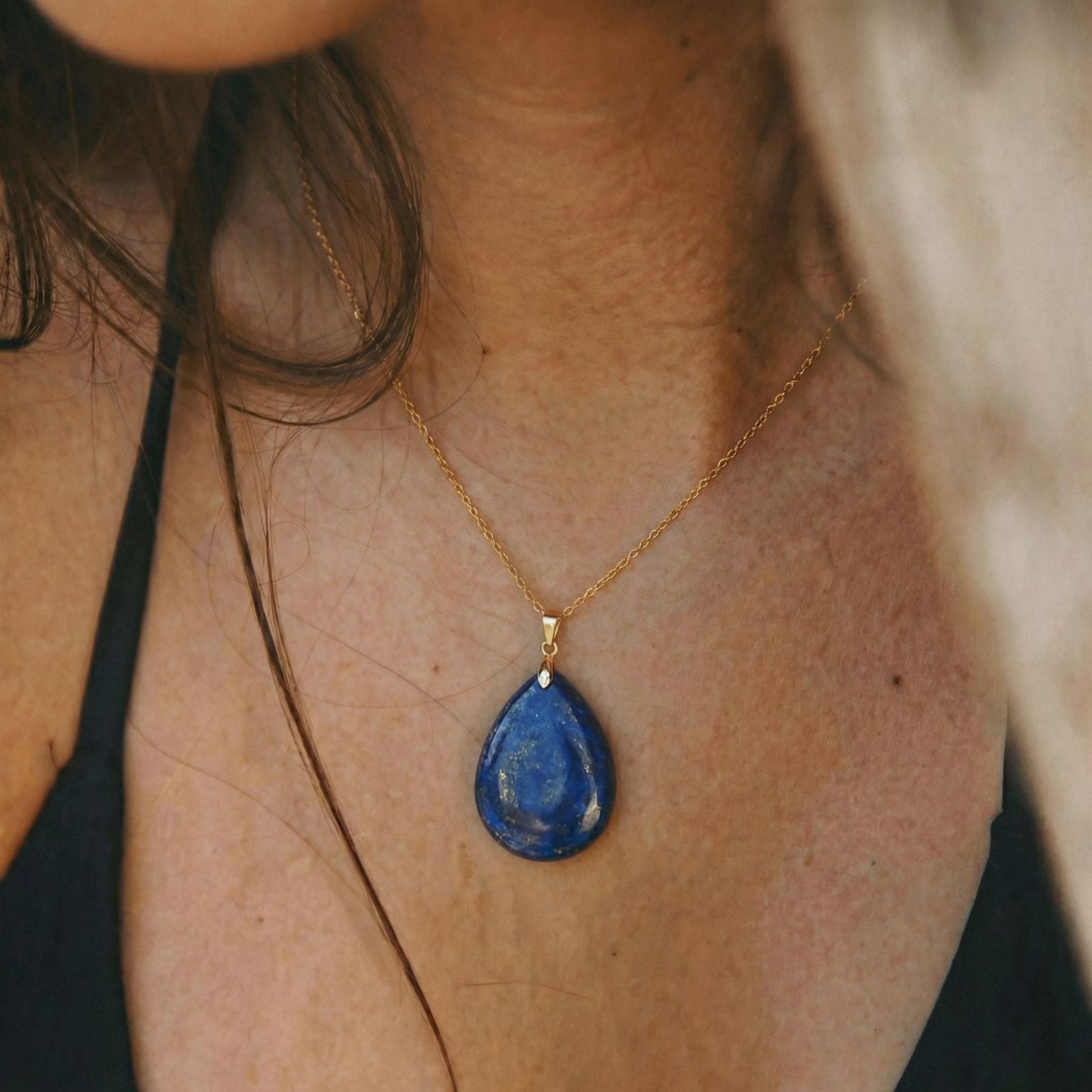 Collier pendentif goutte pour femme, en pierre naturelle lapis - lazuli, style bohème chic