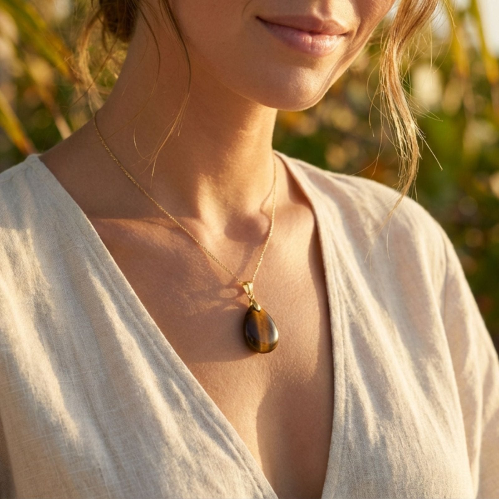 Collier pendentif goutte pour femme, en pierre naturelle oeil de tigre, style bohème chic