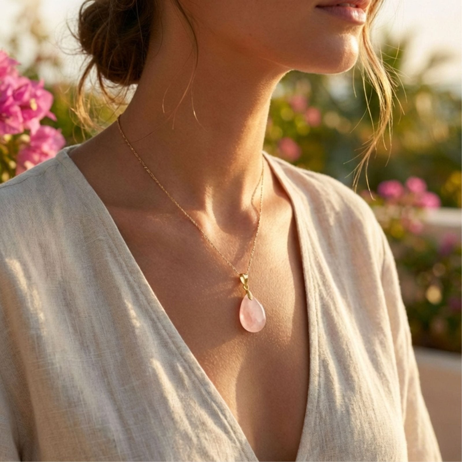 Collier pendentif goutte pour femme, en pierre naturelle quartz rose, style bohème chic