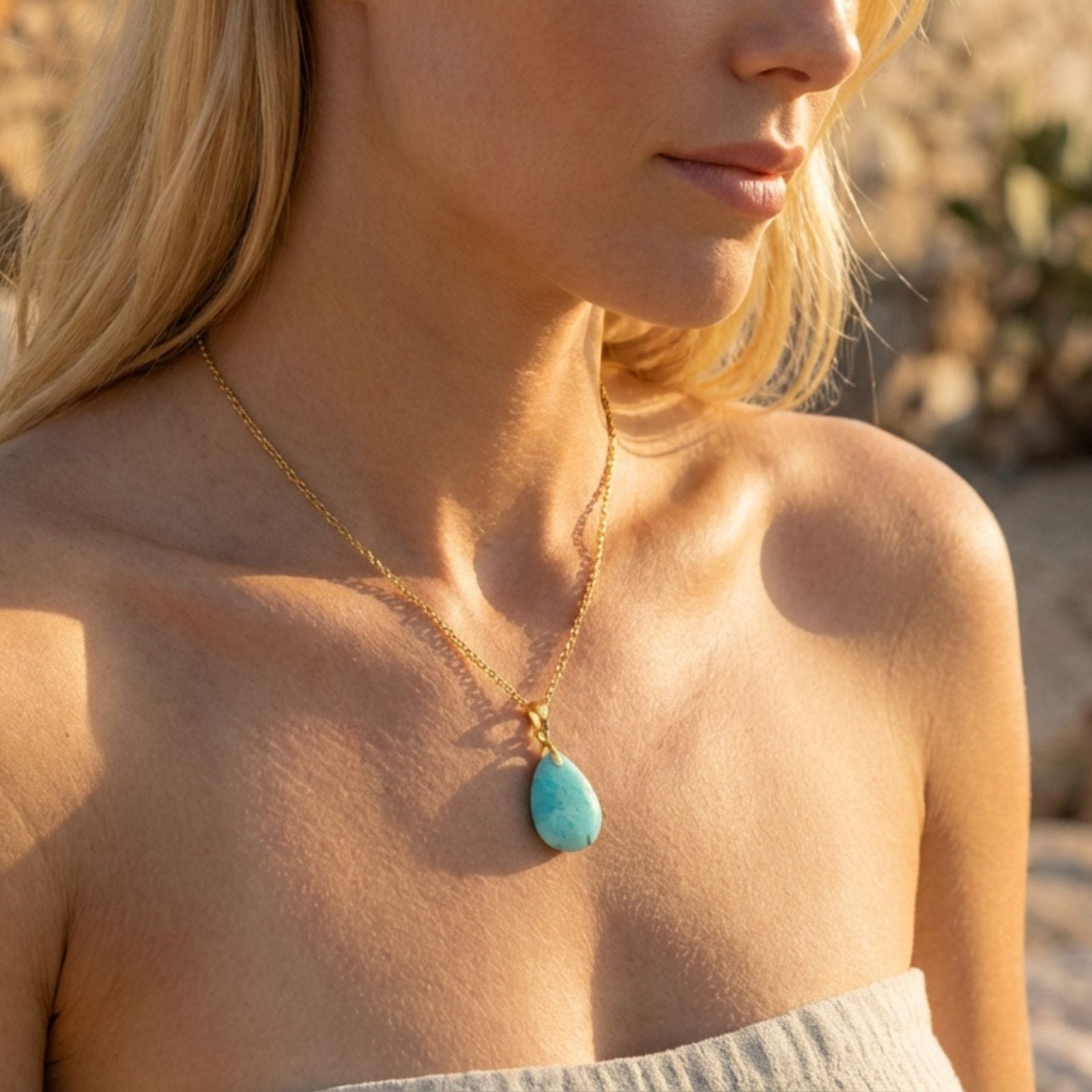 Collier pendentif goutte pour femme, en pierre naturelle turquoise, style bohème chic