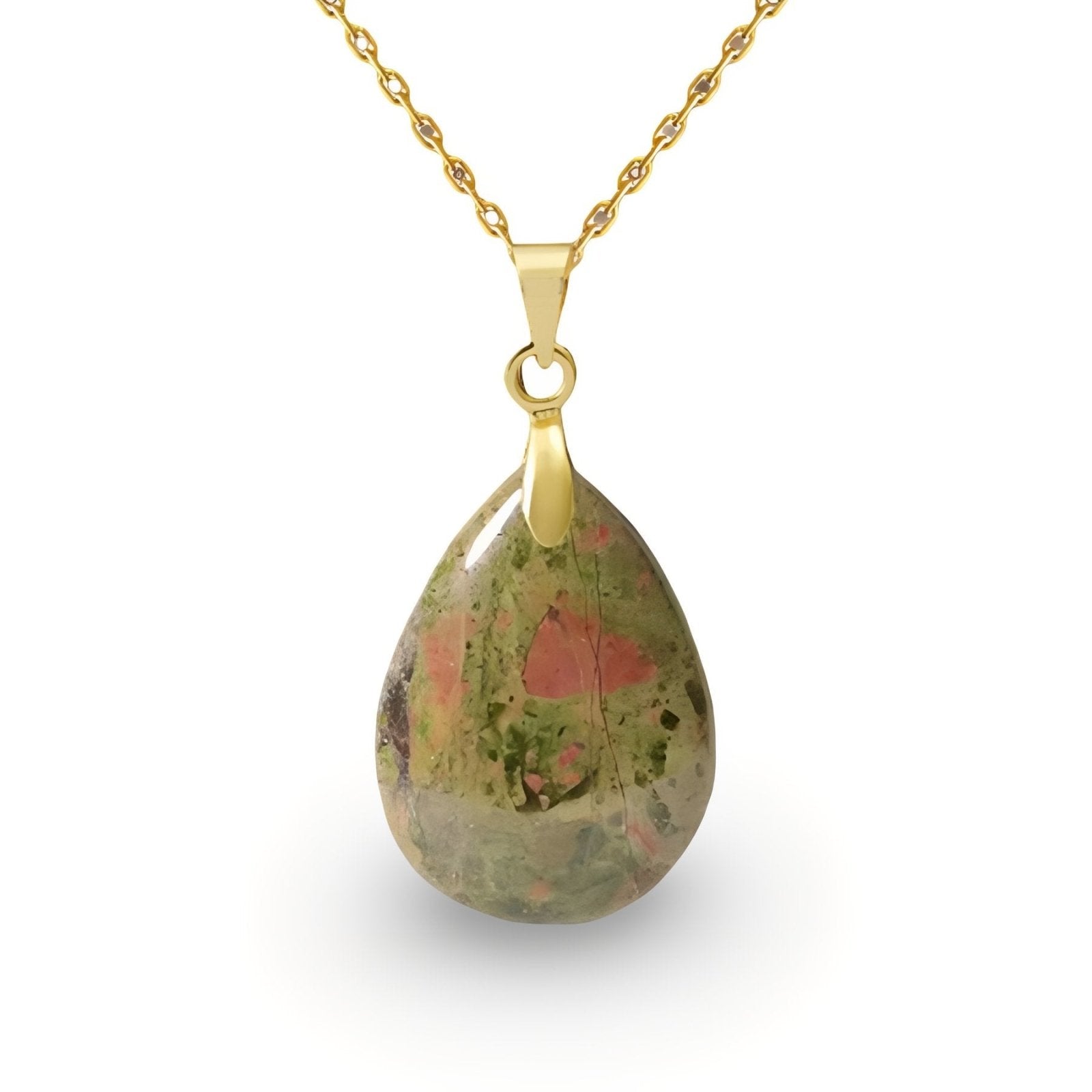 Collier pendentif goutte pour femme, en pierre naturelle unakite, style bohème chic
