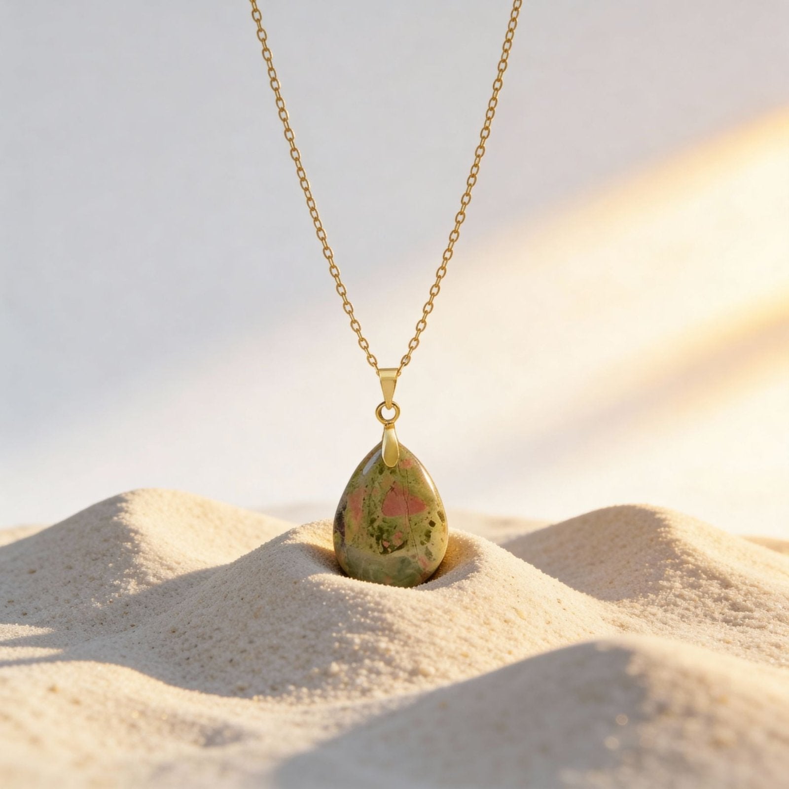 Collier pendentif goutte pour femme, en pierre naturelle unakite, style bohème chic