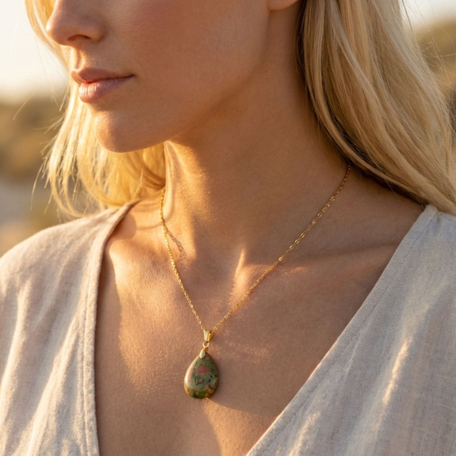 Collier pendentif goutte pour femme, en pierre naturelle unakite, style bohème chic