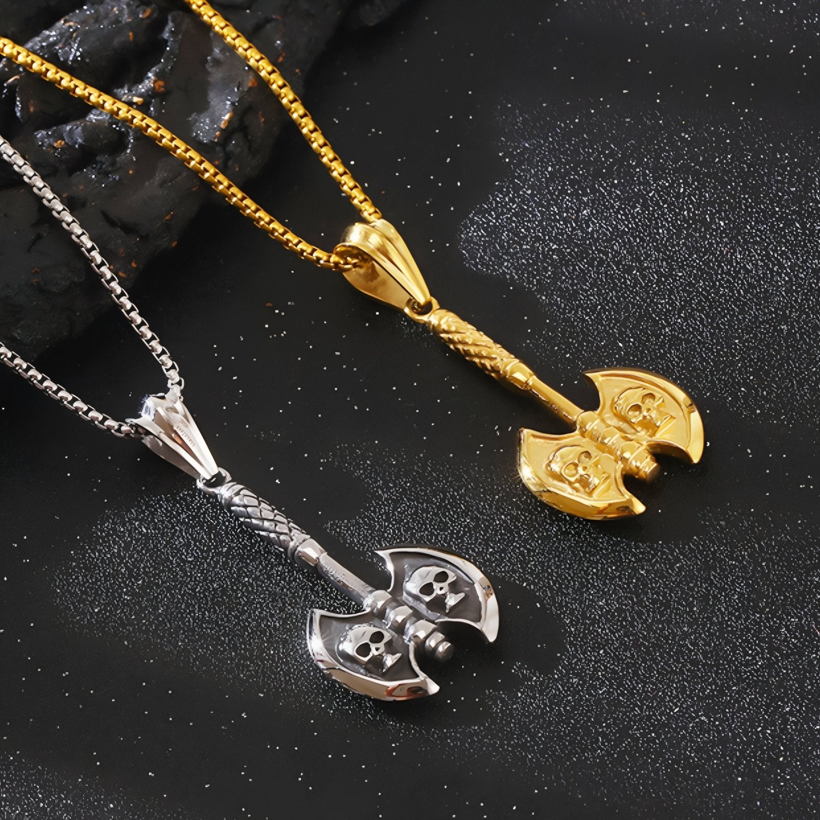 Collier pendentif hache double crânes pour homme, en acier inoxydable, style gothique