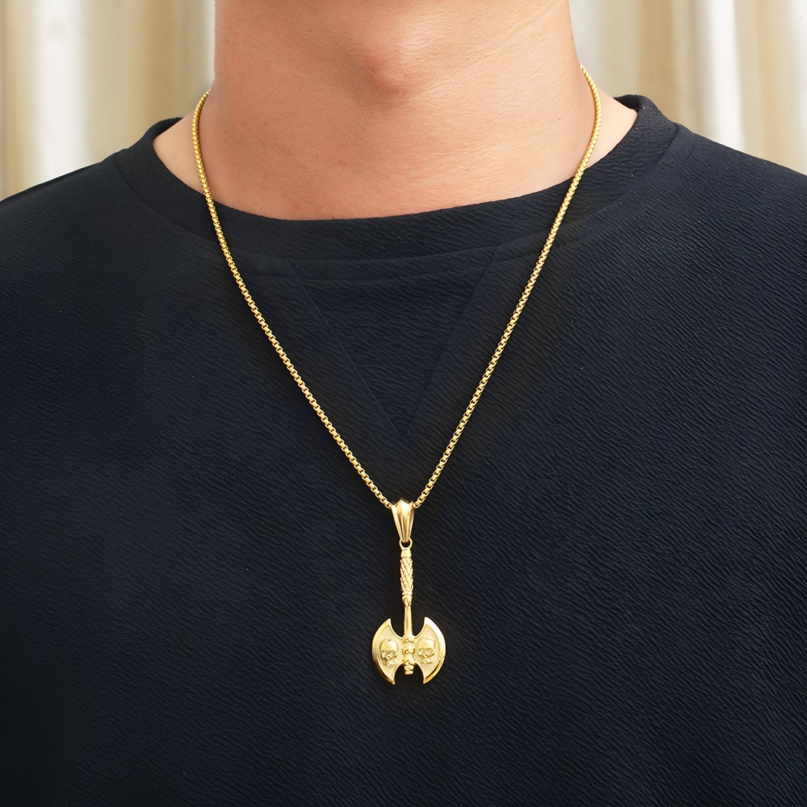 Collier pendentif hache double crânes pour homme, en acier inoxydable, style gothique