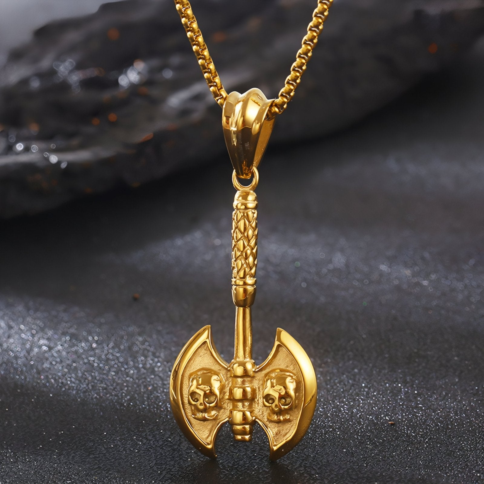 Collier pendentif hache double crânes pour homme, en acier inoxydable, style gothique