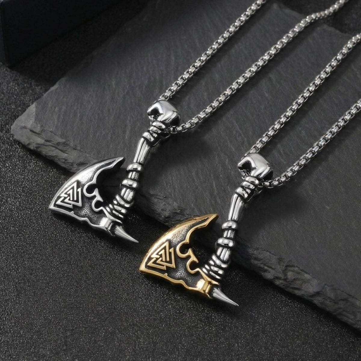 Collier pendentif hache viking Valknut pour homme, en acier inoxydable, motif nordique géométrique