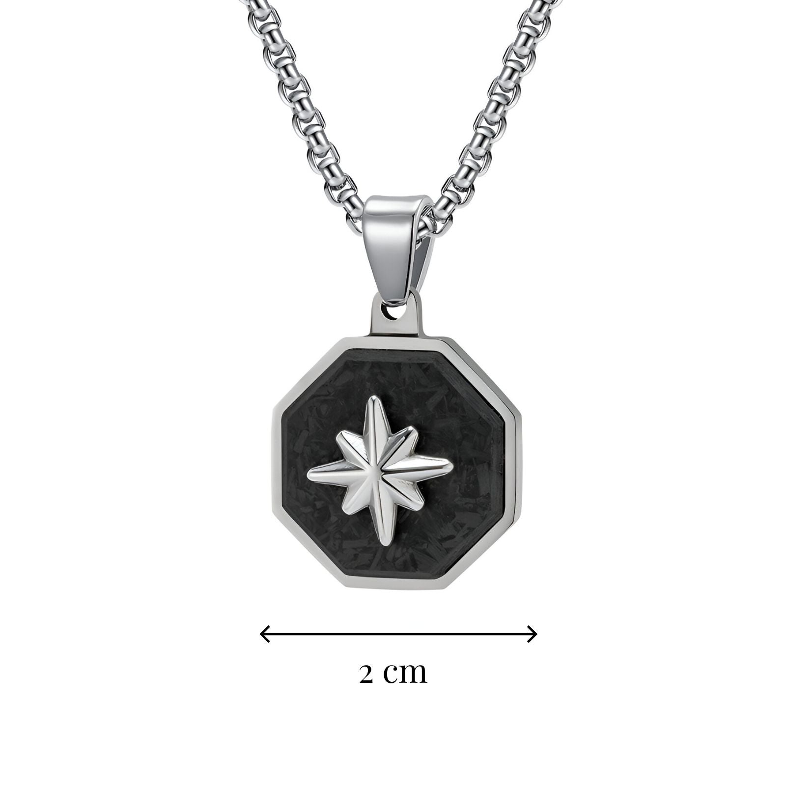 Collier pendentif homme, motif étoile du nord, insert en carbone forgé, acier inoxydable, modèle Astral