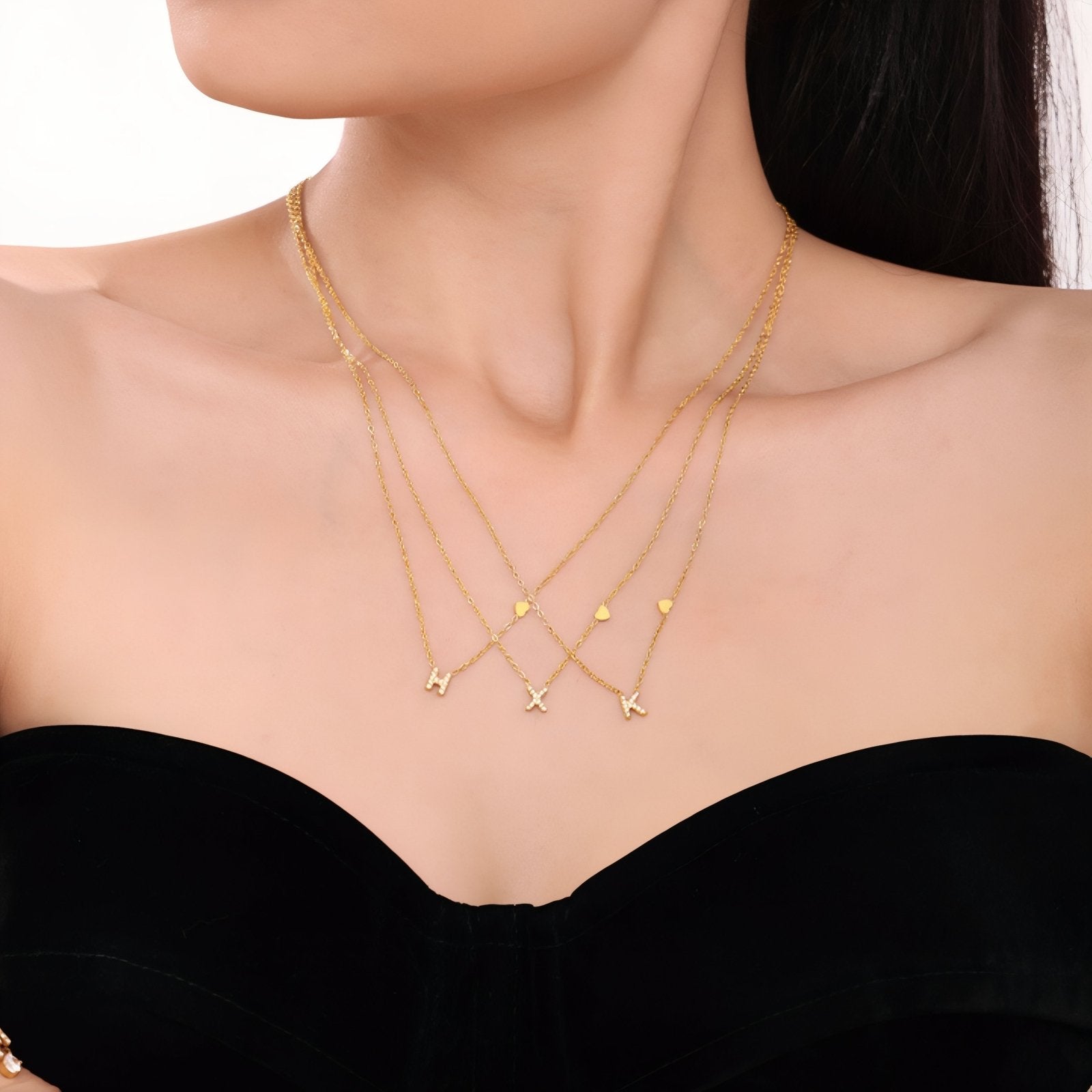 Collier pendentif lettre pour femme, avec zircon, en acier inoxydable plaqué or