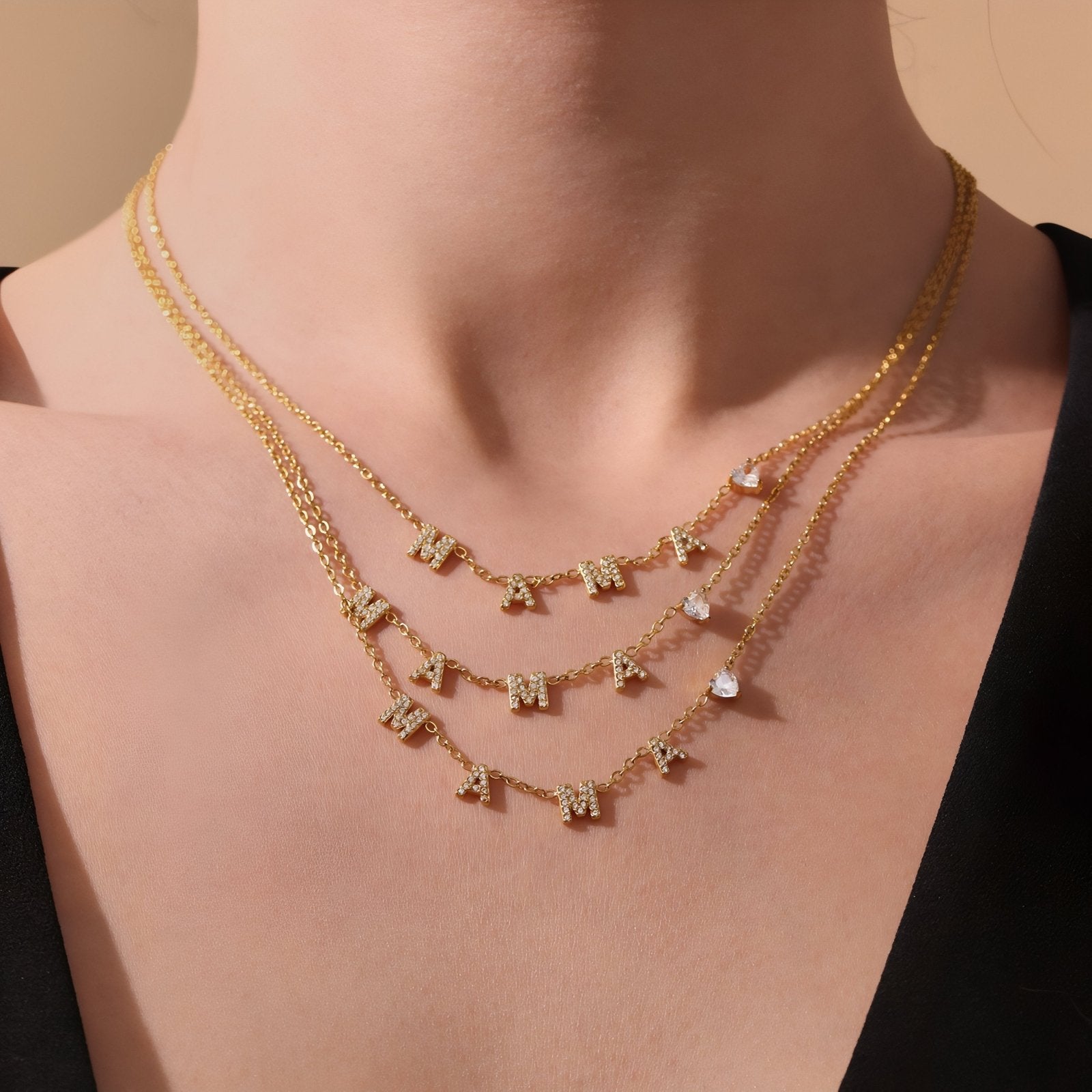 Collier pendentif lettres MAMA pour femme, avec zircon, en acier inoxydable