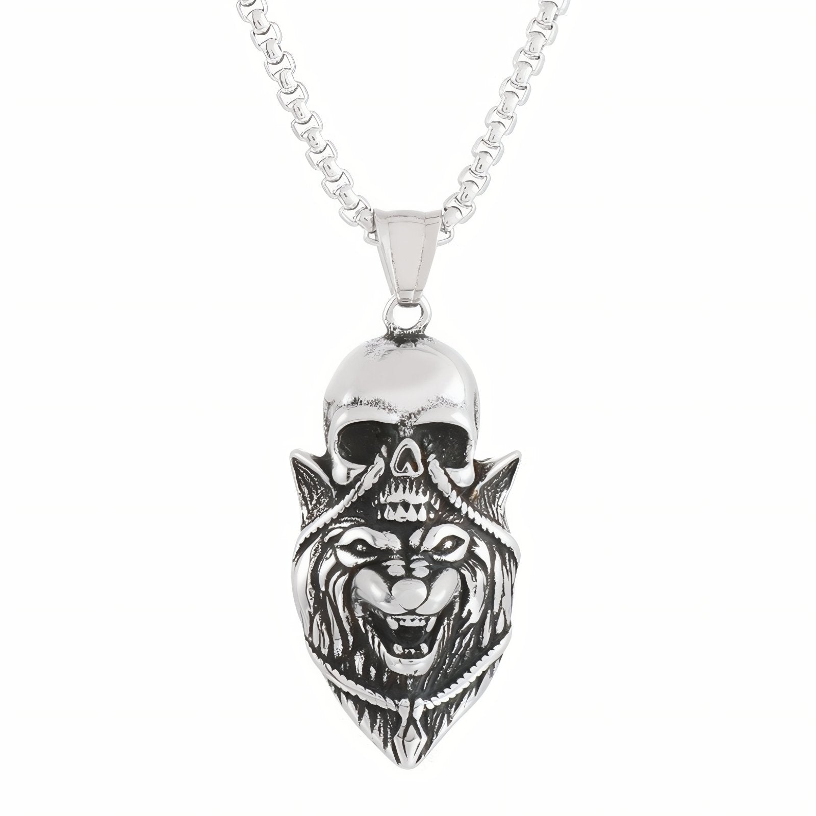 Collier pendentif loup et tête de mort pour homme, en acier inoxydable, style gothique