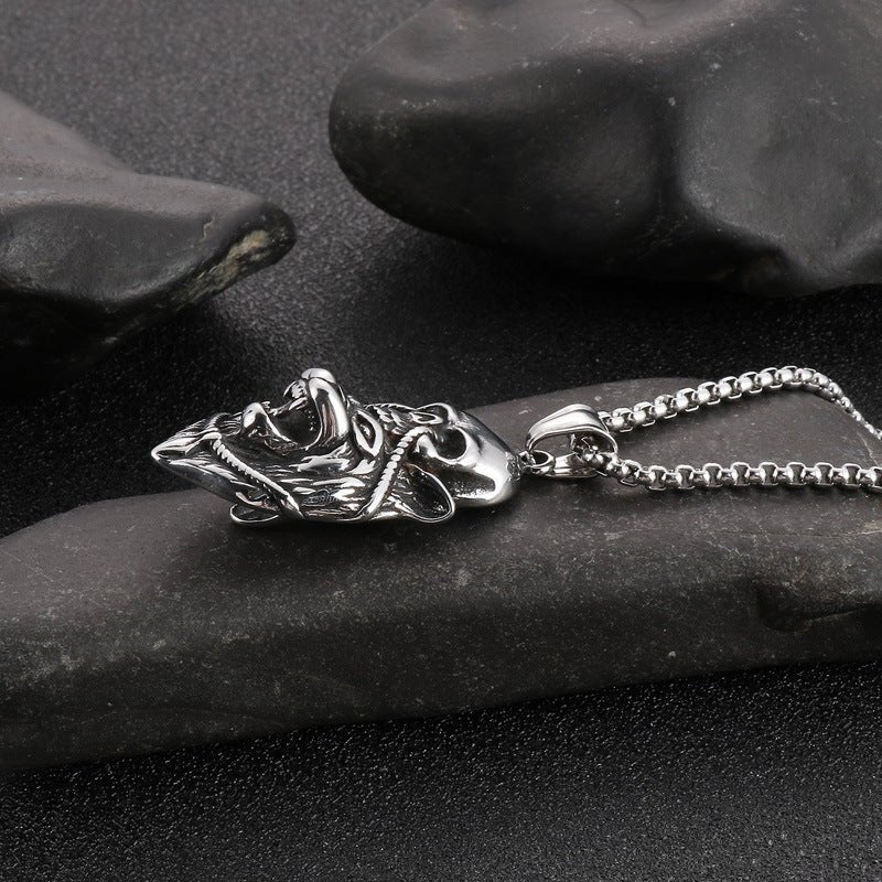 Collier pendentif loup et tête de mort pour homme, en acier inoxydable, style gothique