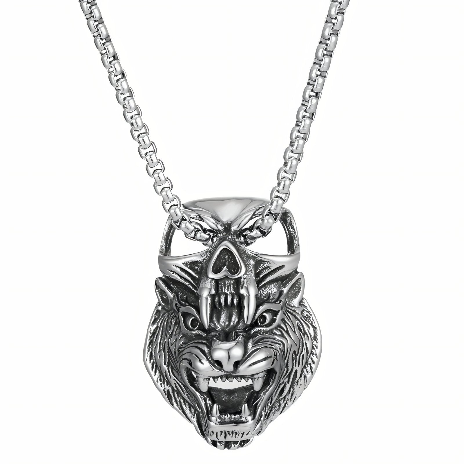 Collier pendentif loup féroce surmonté d’une tête de mort pour homme, en acier inoxydable