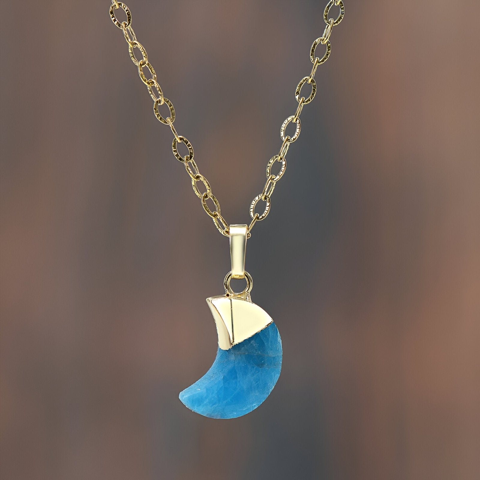 Collier pendentif lune en pierre naturelle, chaîne dorée, style bohème pour femme, modèle Selena