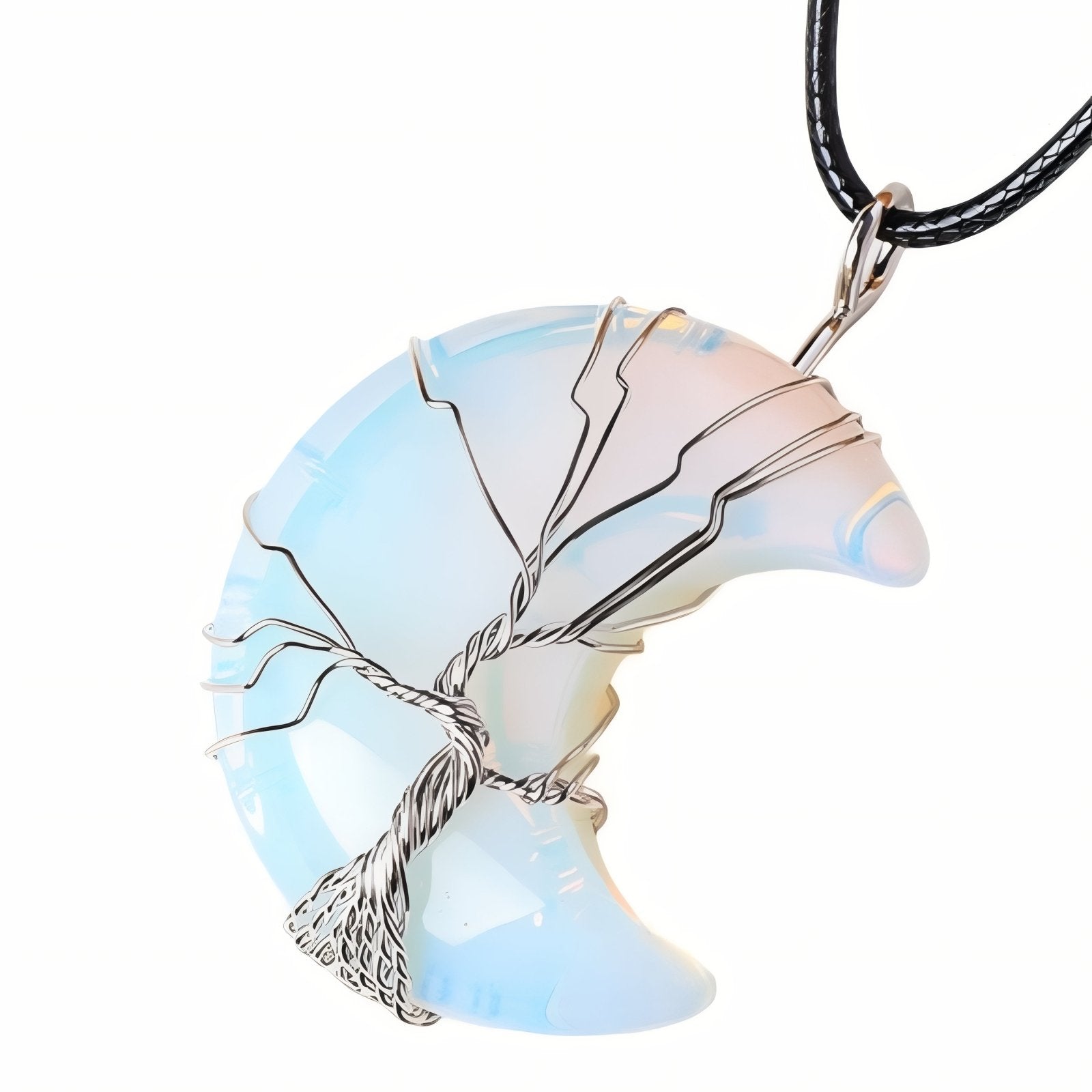 Collier pendentif lune en pierre naturelle, orné d'un arbre de vie, avec cordon noir