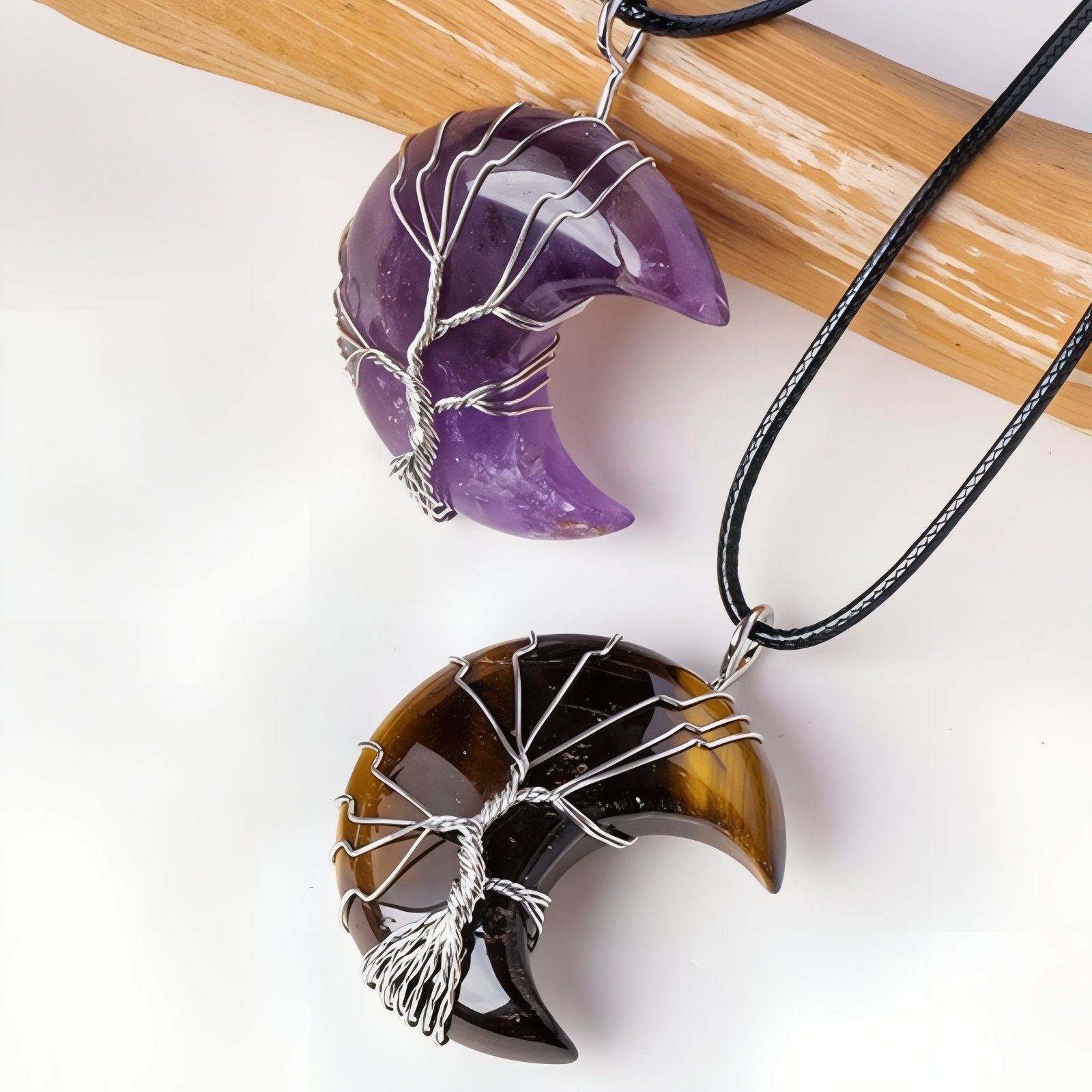 Collier pendentif lune en pierre naturelle, orné d'un arbre de vie, avec cordon noir