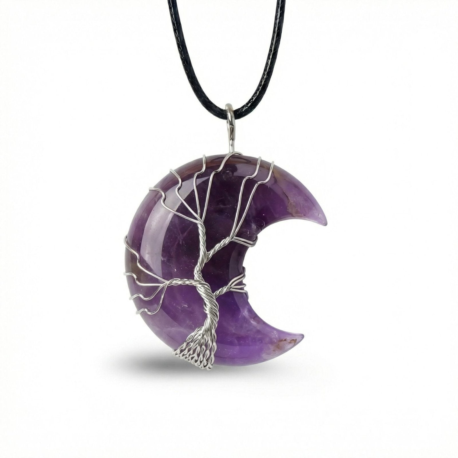 Collier pendentif lune en pierre naturelle, orné d'un arbre de vie, avec cordon noir