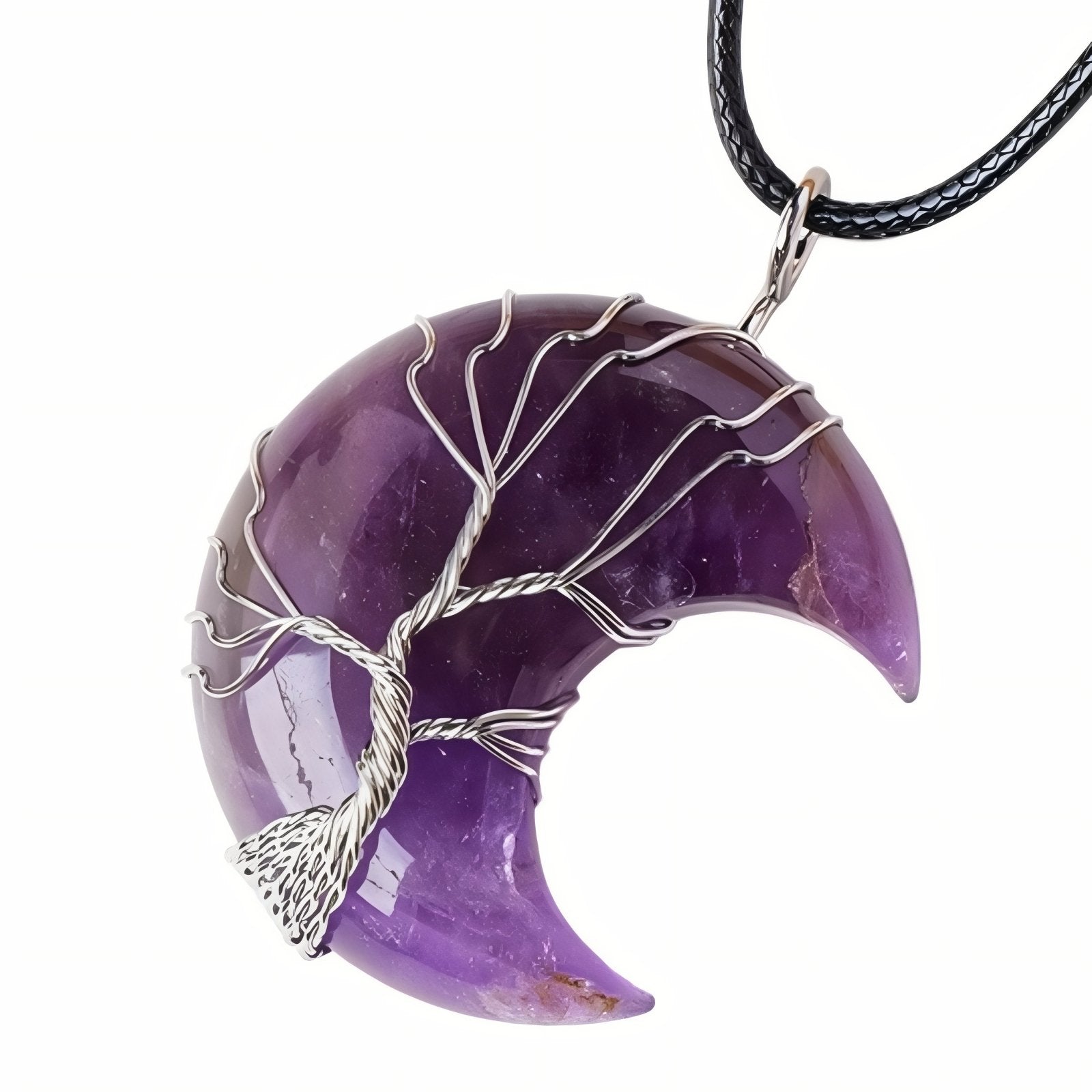 Collier pendentif lune en pierre naturelle, orné d'un arbre de vie, avec cordon noir