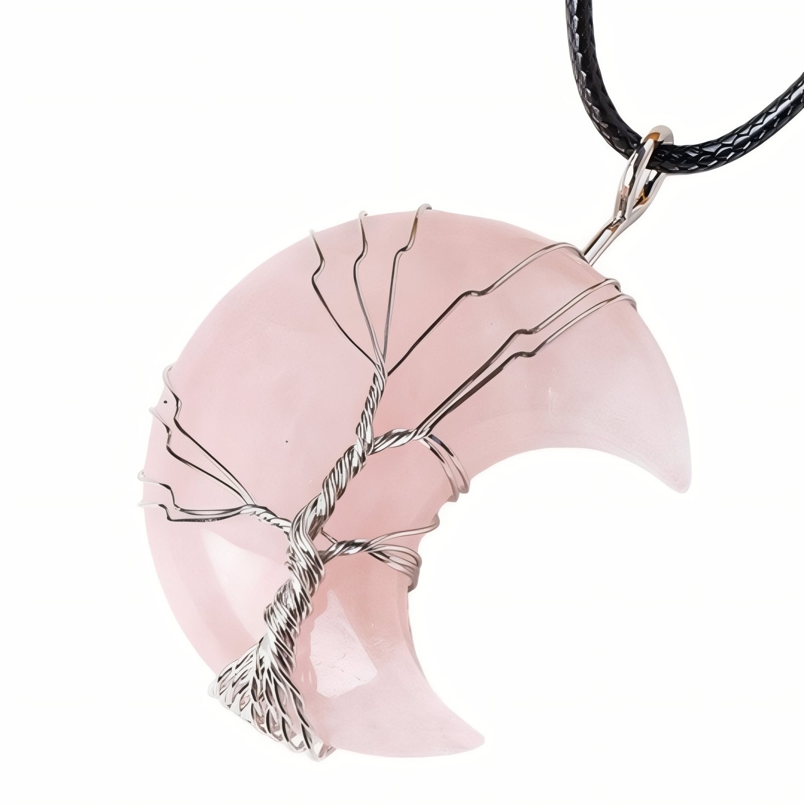 Collier pendentif lune en pierre naturelle, orné d'un arbre de vie, avec cordon noir
