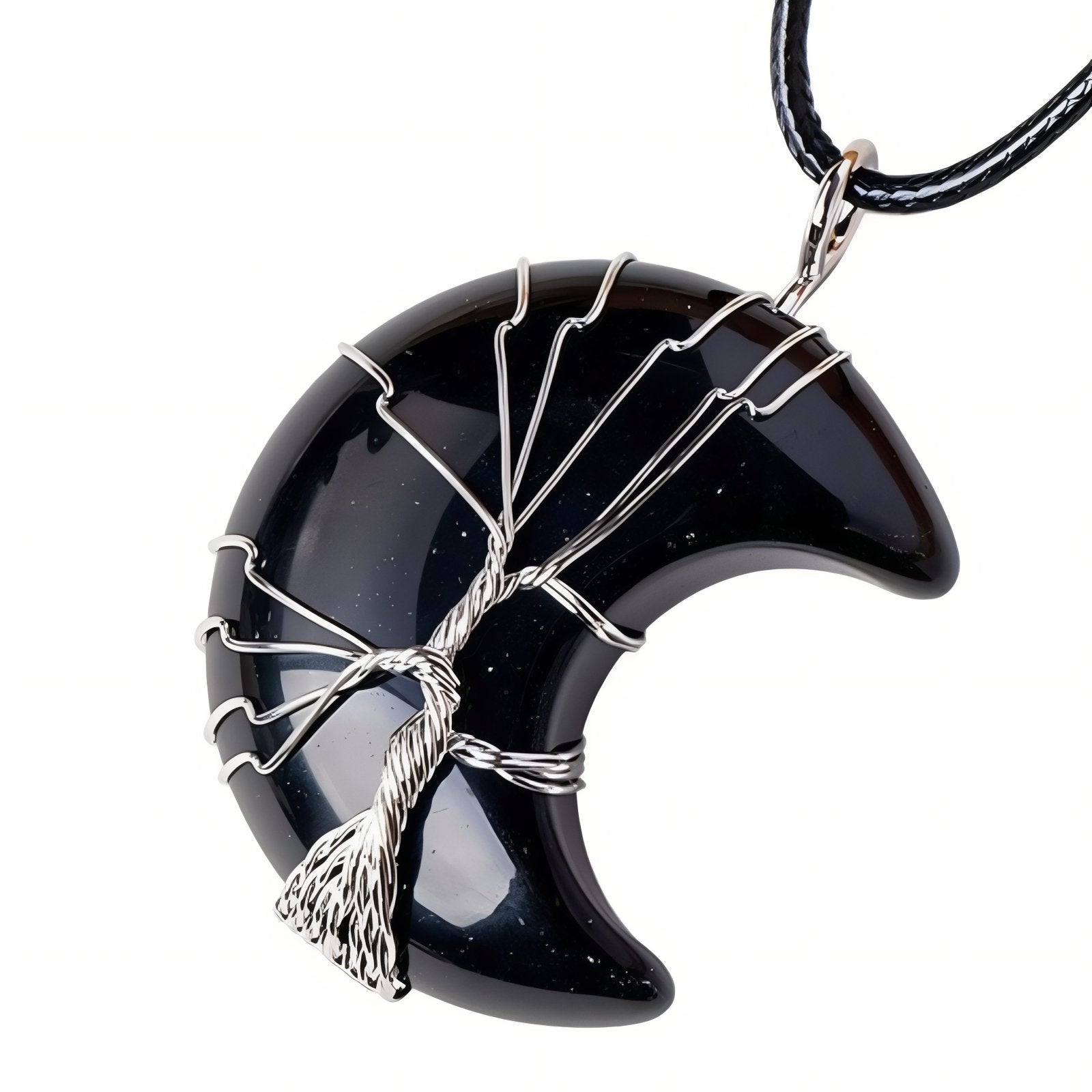 Collier pendentif lune en pierre naturelle, orné d'un arbre de vie, avec cordon noir