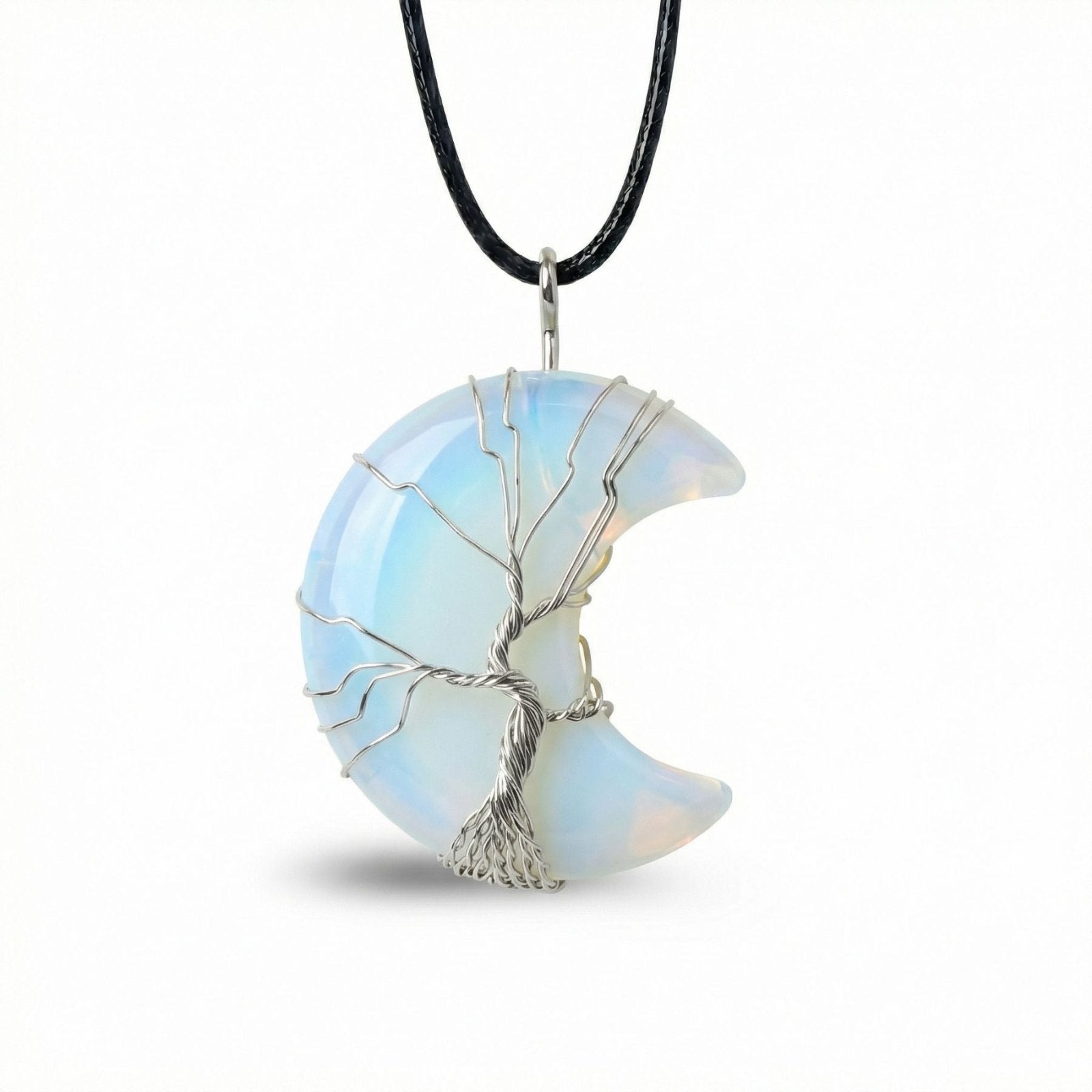 Collier pendentif lune en pierre naturelle, orné d'un arbre de vie, avec cordon noir
