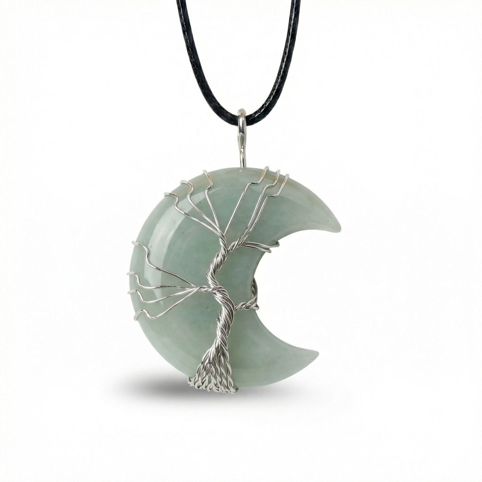 Collier pendentif lune en pierre naturelle, orné d'un arbre de vie, avec cordon noir
