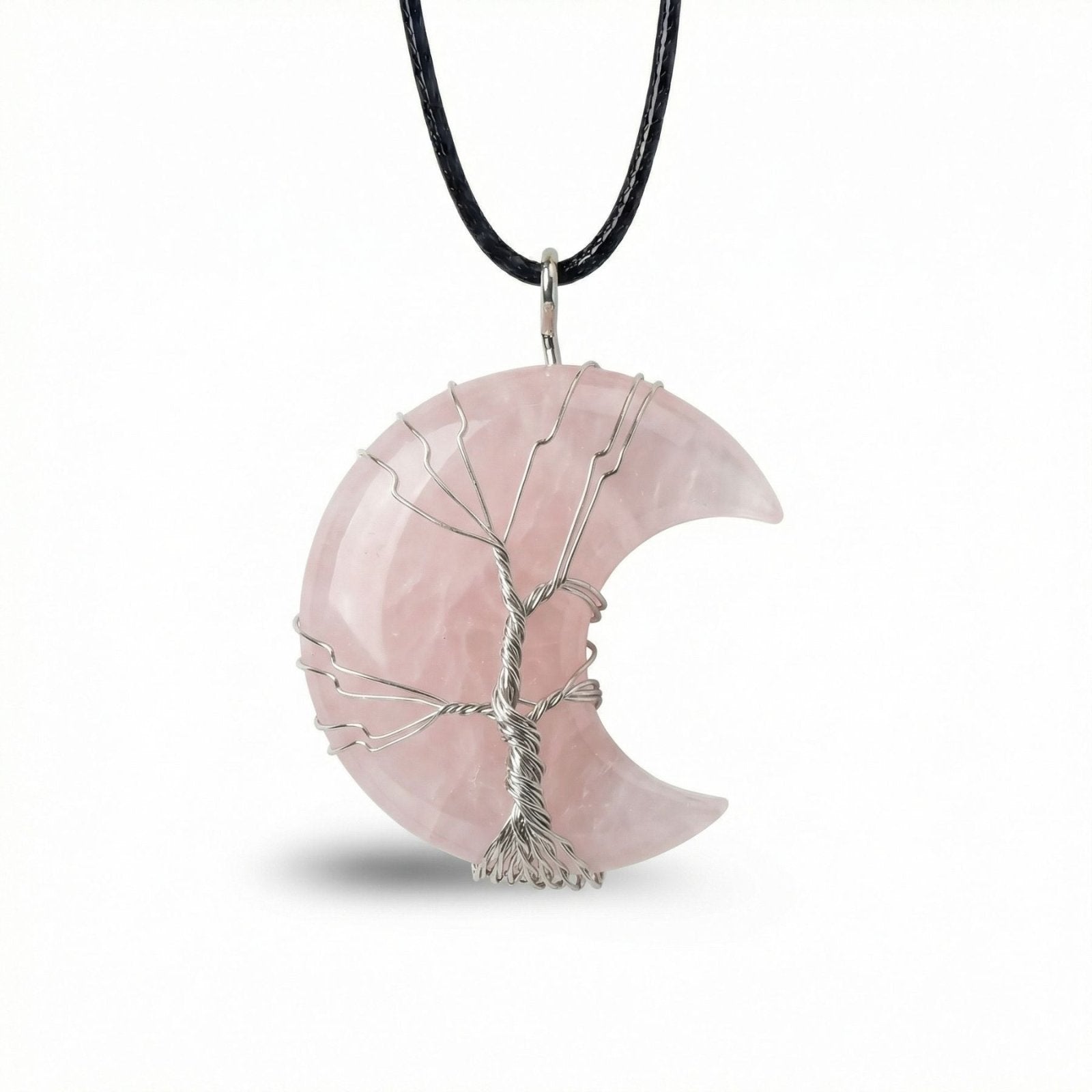 Collier pendentif lune en pierre naturelle, orné d'un arbre de vie, avec cordon noir