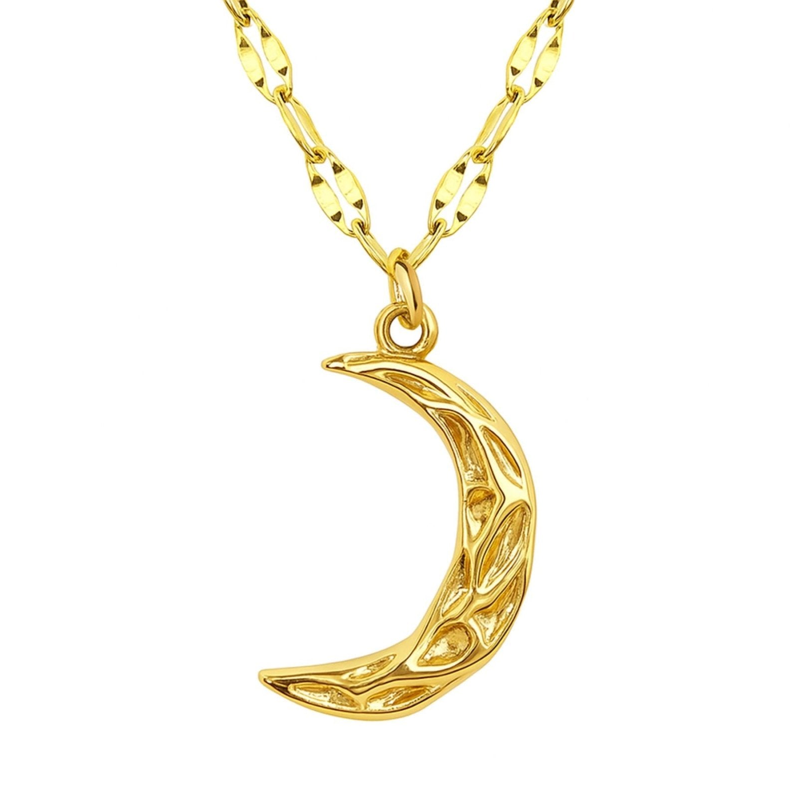 Collier pendentif lune martelée en acier inoxydable doré, chaîne miroir, modèle Izabella