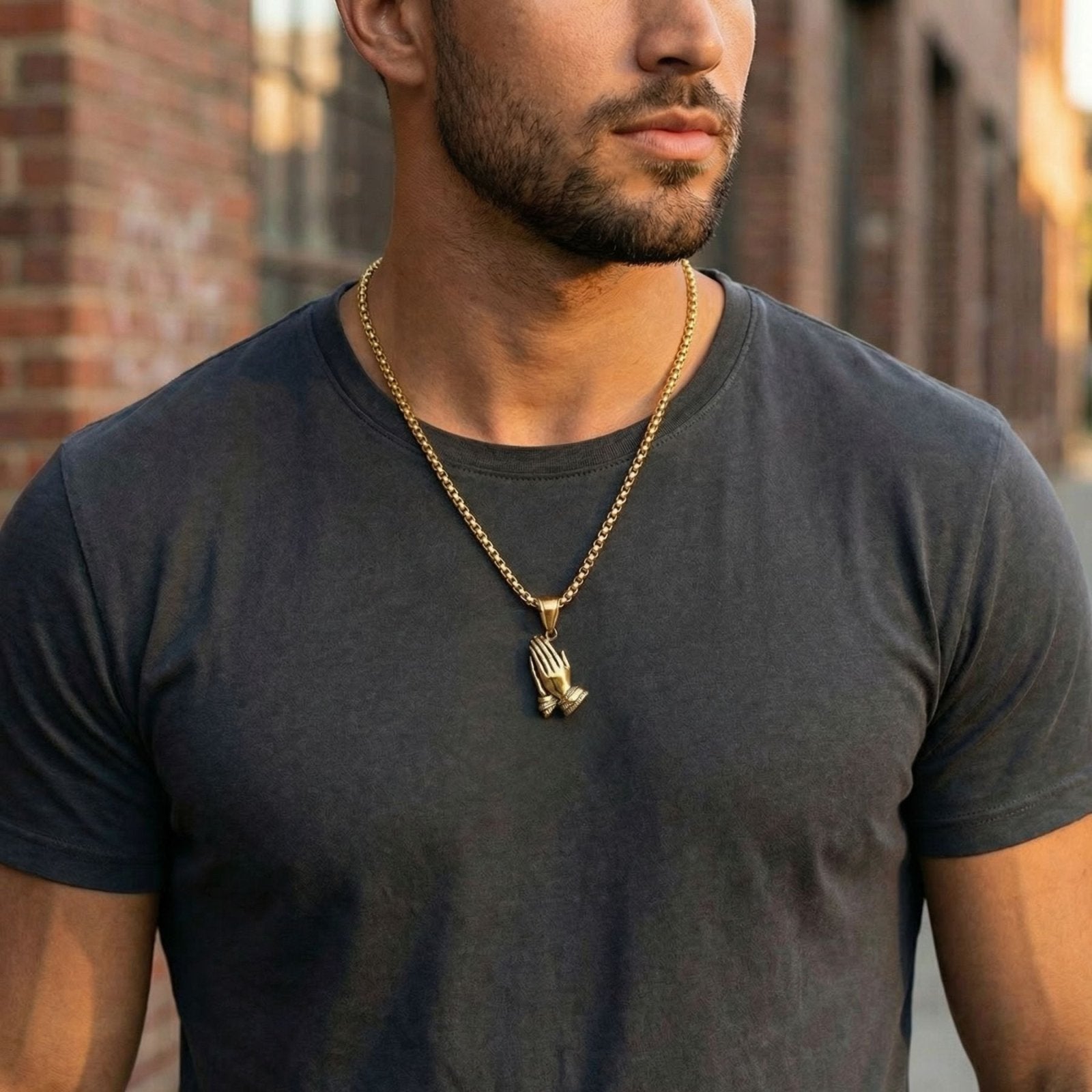 Collier pendentif mains en prière, en acier inoxydable, style religieux, pour homme